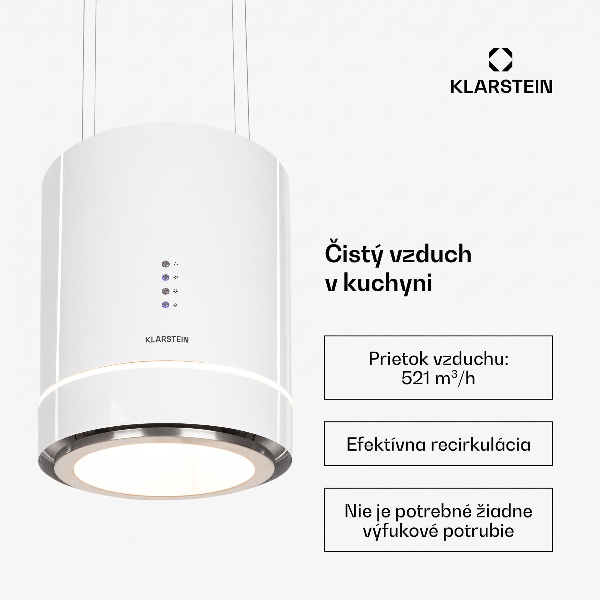 Klarstein Tron Ambience, digestor, 38 cm, ostrovčekový, 521 m³/h, LED, biely – Obrázok 2