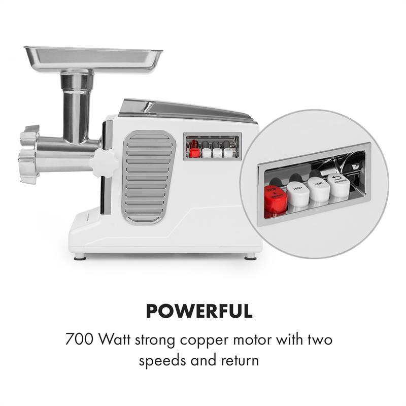 Klarstein Kraftprotz, elektrický mlynček na mäso, 700 W, medený motor, biely/strieborný – Obrázok 4