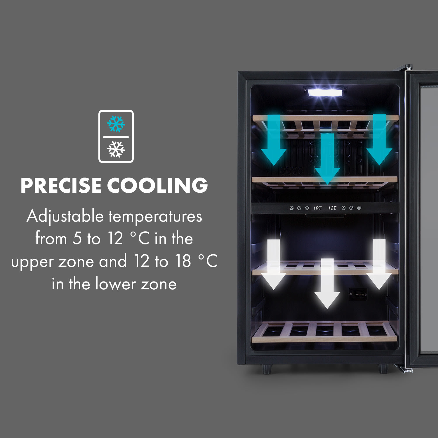 Klarstein Vinamour 45D, vinotéka, 118 l, 45 fliaš, 5–18°C, 2 zóny, nehrdzavejúca oceľ – Obrázok 4