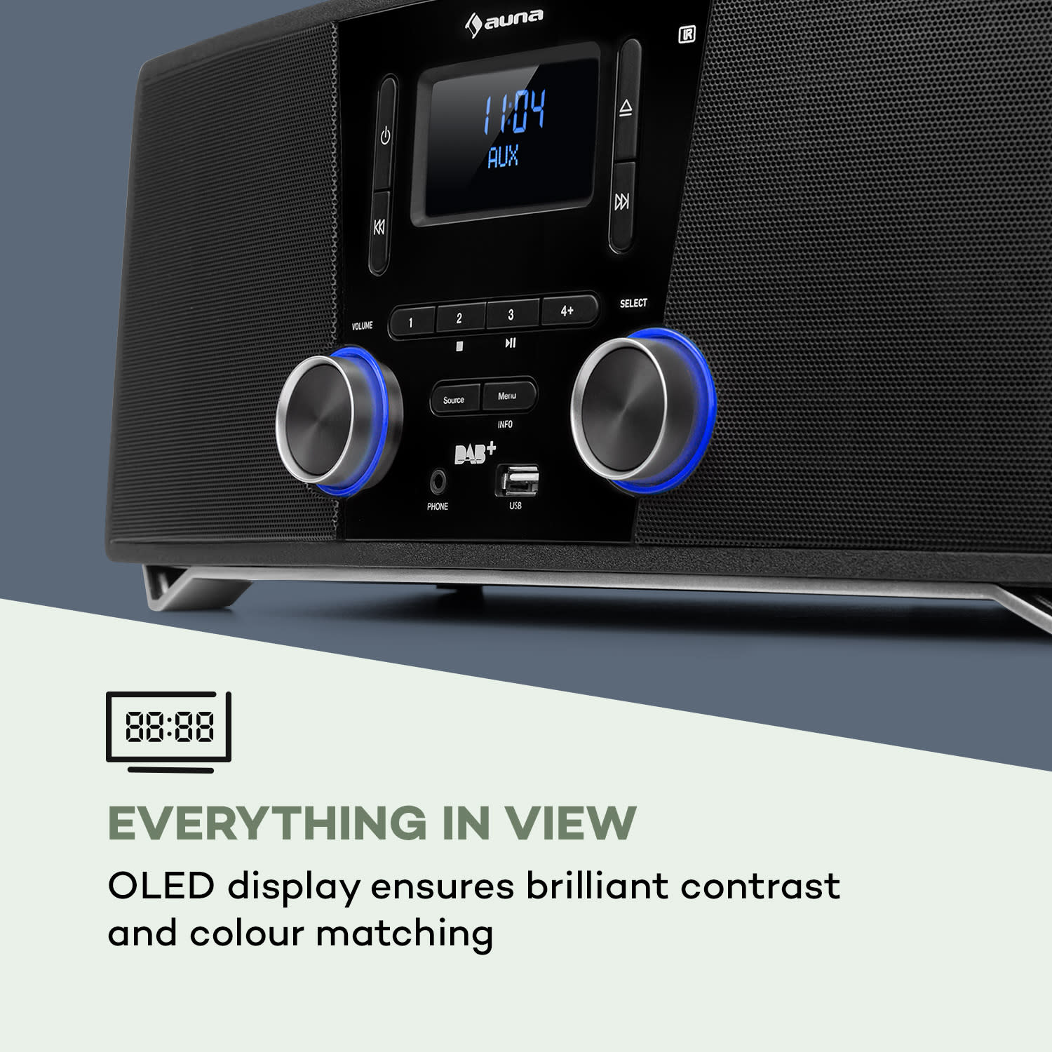 Auna Stockton, mikro stereo systém, max. 20W, DAB+, UKW, CD prehrávač, BT, OLED, čierny – Obrázok 2