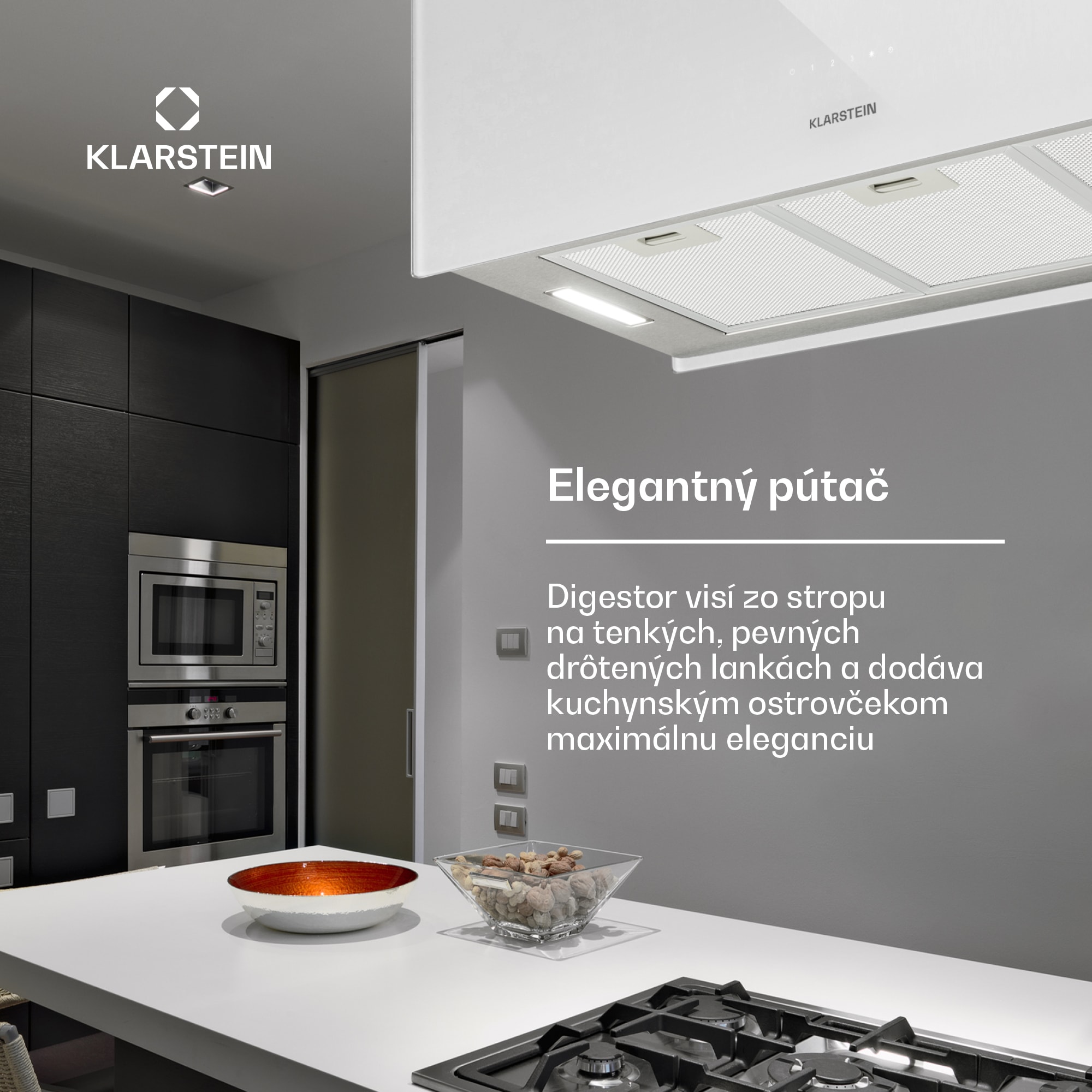 Klarstein Kronleuchter XL ostrovná digestorová kapucňa 90 cm recirkulácia 577 m³/h LED dotyk biela