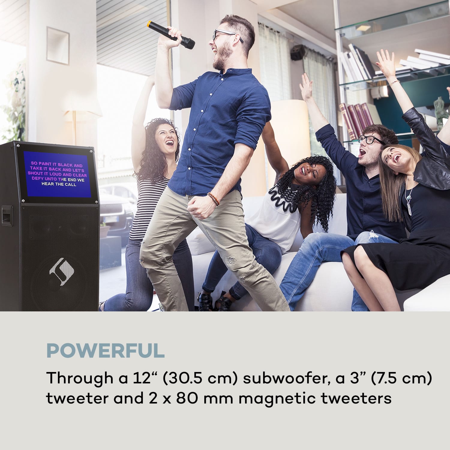 Auna KTV, karaoke systém, 15,4" dotykový displej, 2 UHF mikrofóny, WiFi, BT, USB, SD, HDMI, vozík