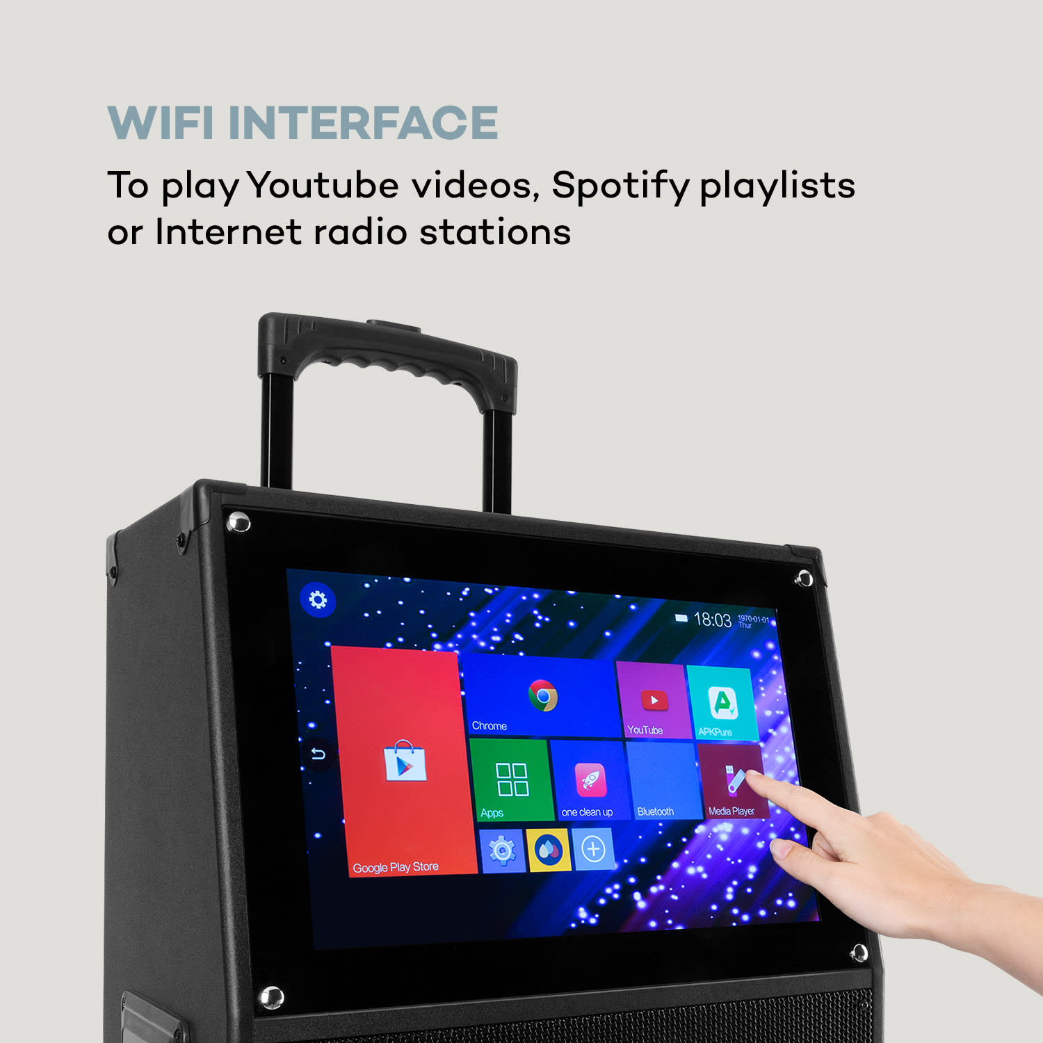 Auna KTV, karaoke systém, 15,4" dotykový displej, 2 UHF mikrofóny, WiFi, BT, USB, SD, HDMI, vozík – Obrázok 2