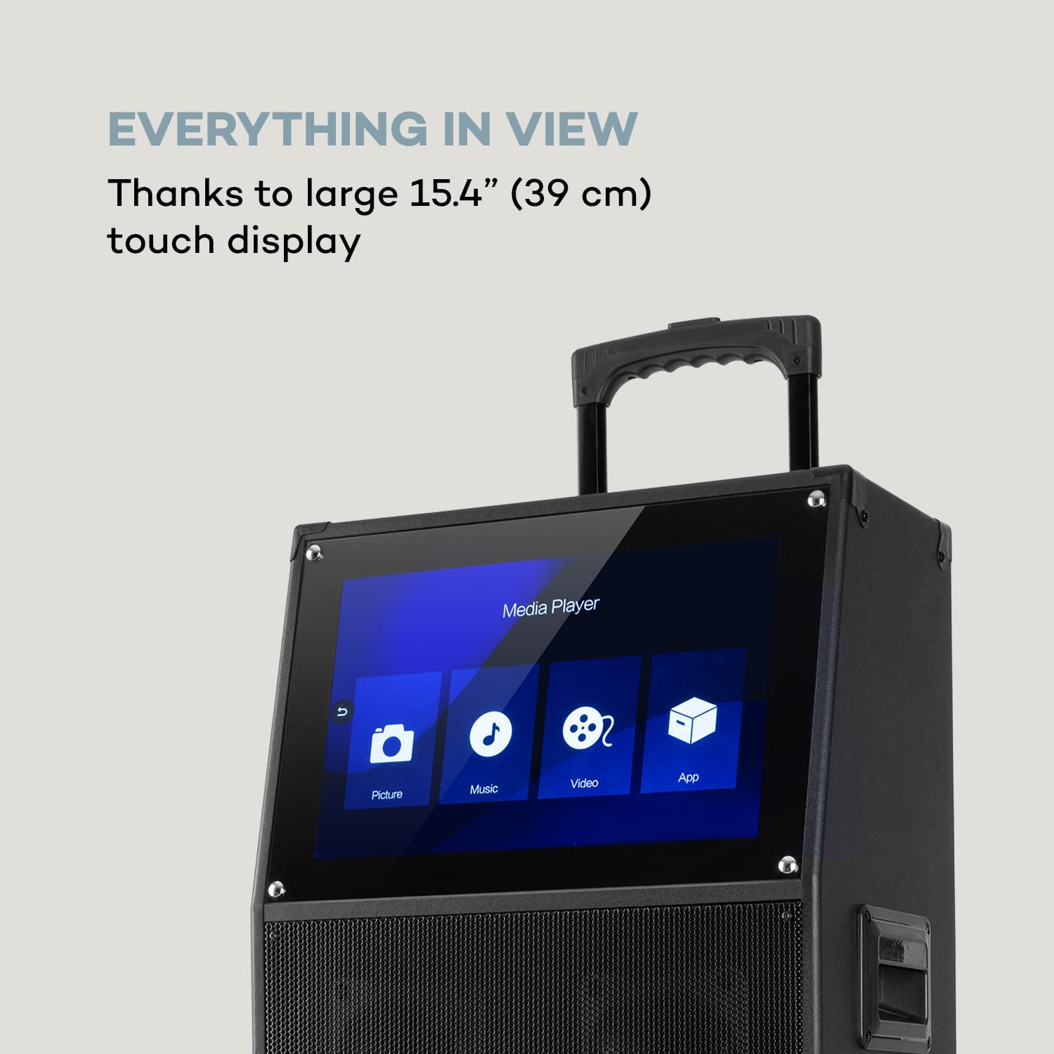 Auna KTV, karaoke systém, 15,4" dotykový displej, 2 UHF mikrofóny, WiFi, BT, USB, SD, HDMI, vozík – Obrázok 3