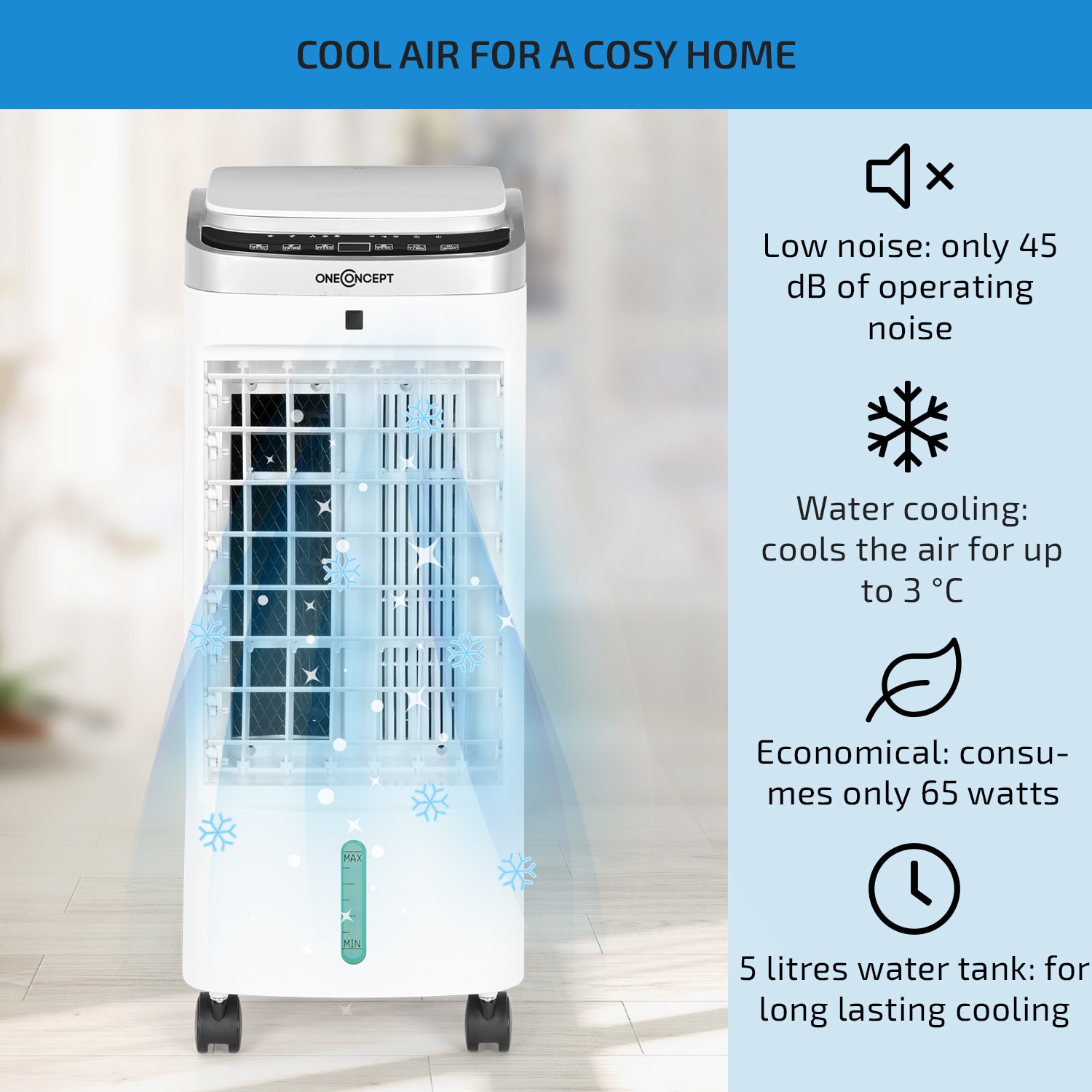 OneConcept Freshboxx Pro, ochladzovač vzduchu, 3 v 1, 65 W, 966 m³/h, 3 stupne prúdenia vzduchu, biely