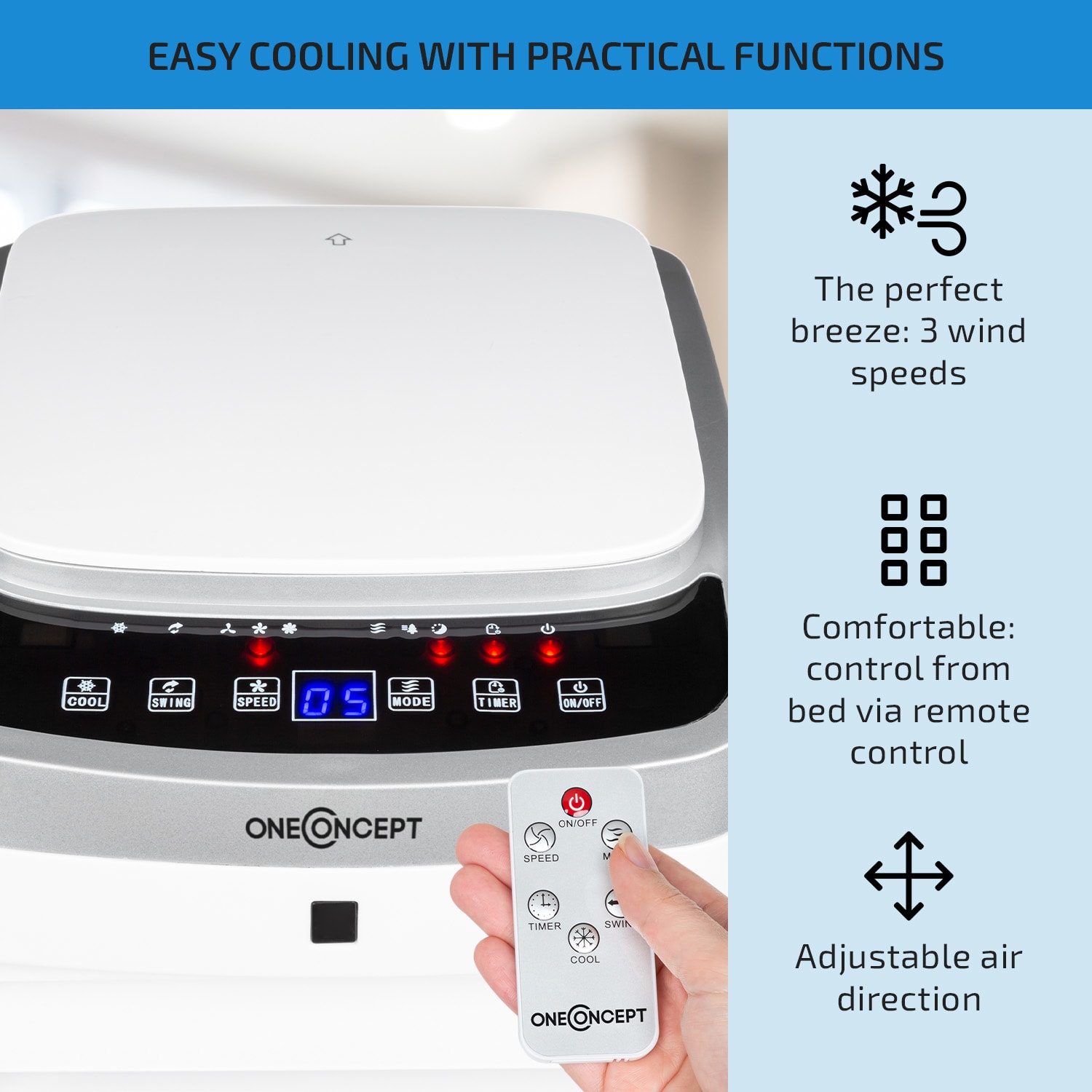 OneConcept Freshboxx Pro, ochladzovač vzduchu, 3 v 1, 65 W, 966 m³/h, 3 stupne prúdenia vzduchu, biely – Obrázok 3