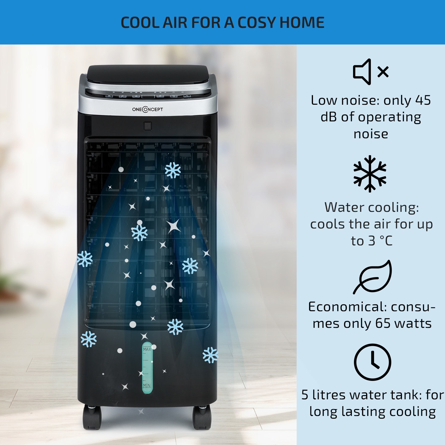 OneConcept Freshboxx Pro, ochladzovač vzduchu, 3-v-1, 65W, 966m³/h, 3 stupne prúdenia vzduchu, čierny