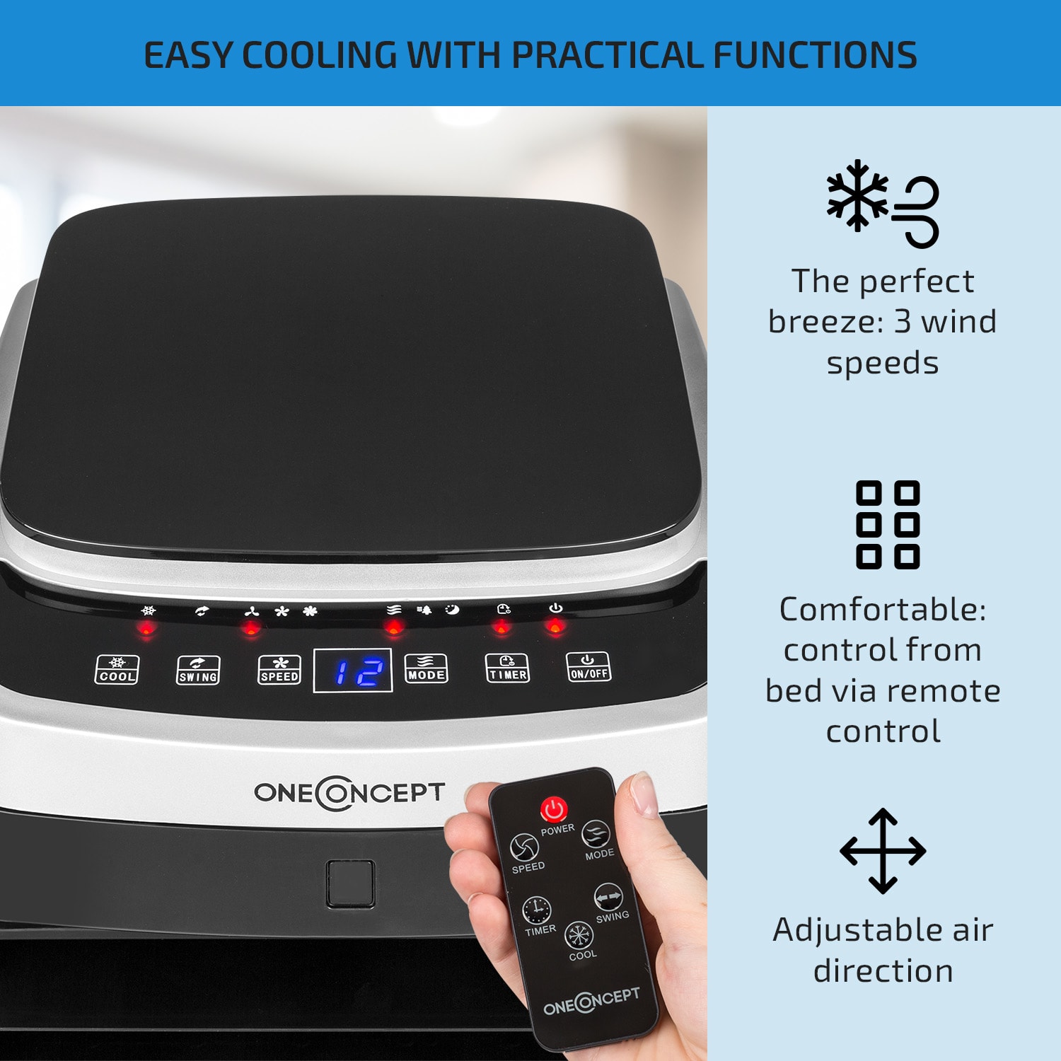 OneConcept Freshboxx Pro, ochladzovač vzduchu, 3-v-1, 65W, 966m³/h, 3 stupne prúdenia vzduchu, čierny – Obrázok 3
