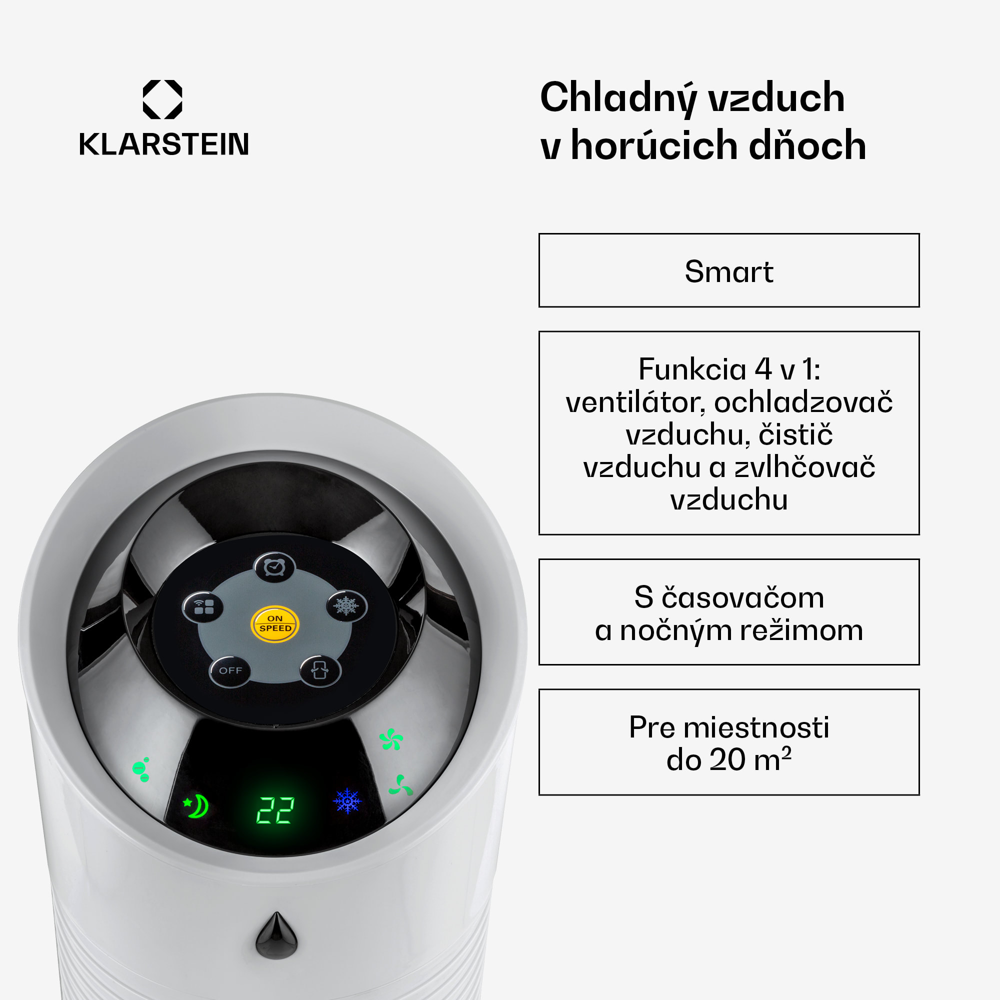 Klarstein Skyscraper Ice, 4 v 1 ochladzovač vzduchu, ventilátor, čistička vzduchu, zvlhčovač, 45 W, 180 m³/h, oscilácia, mobilný, diaľkové ovládanie