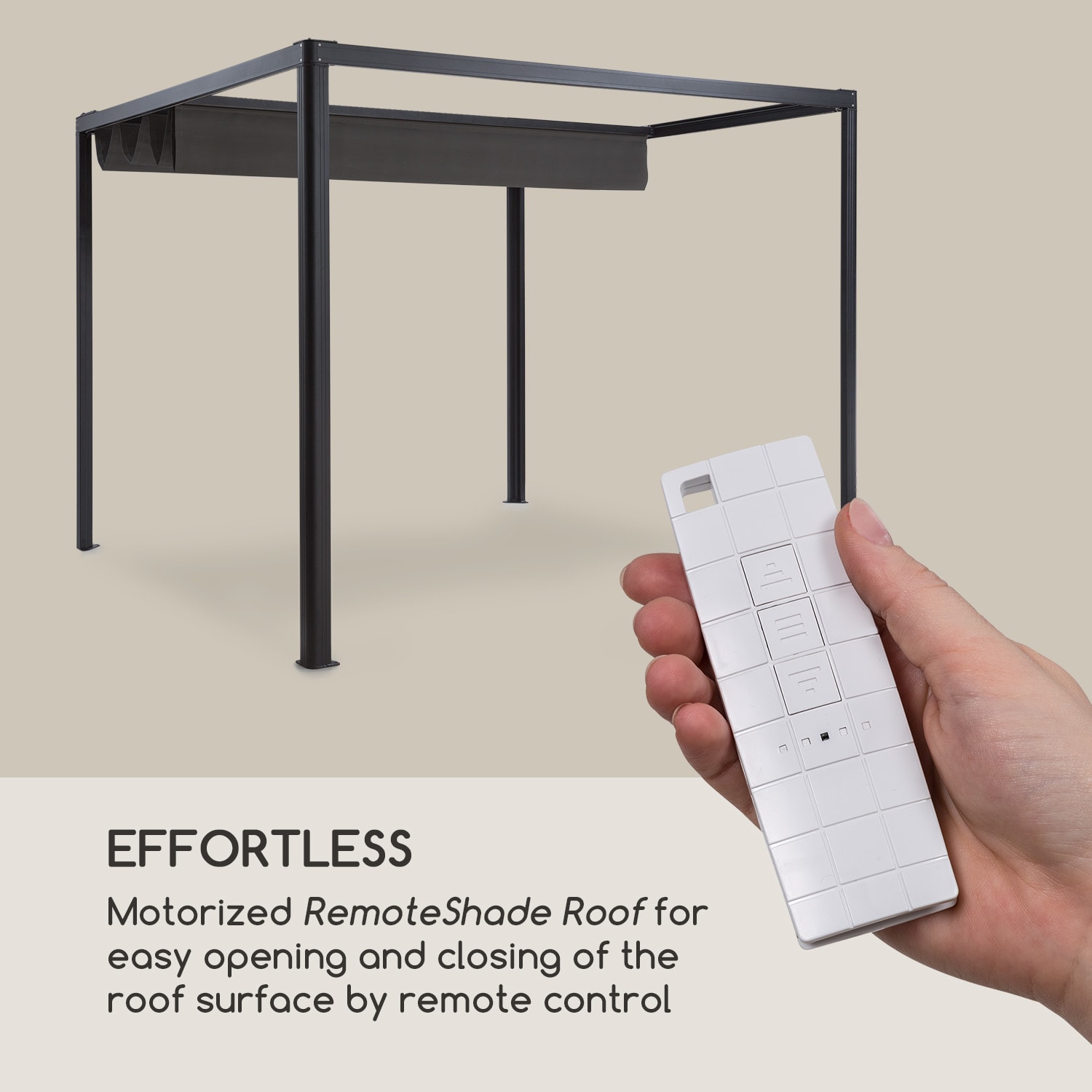 Blumfeldt Pantheon RemoteShade, pergola, motorizovaná strecha, 3 x 3 m, 280 g/m², sivá – Obrázok 2