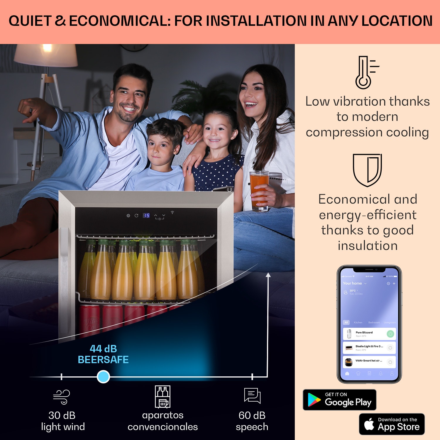 Klarstein Coachella 50 Smart, chladnička, 50 l, funkcia WiFi, podsvietenie, nehrdzavejúca oceľ. – Obrázok 2