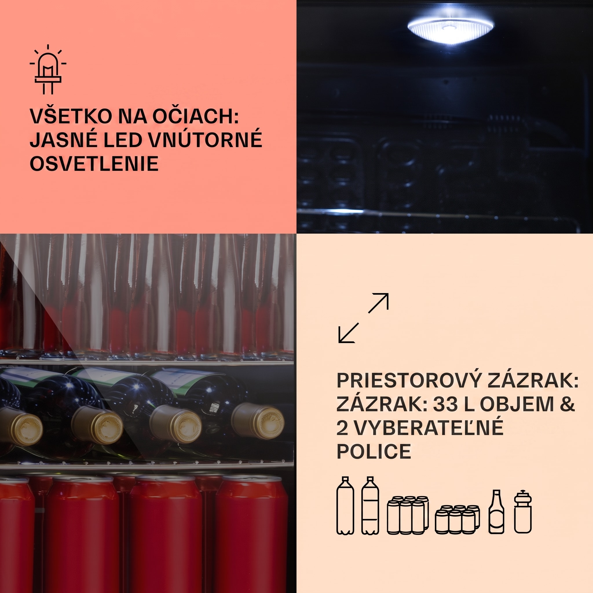 Klarstein Beersafe M Onyx, chladnička, energet. trieda C, LED, 2 kovové police, sklenené dvierka – Obrázok 3