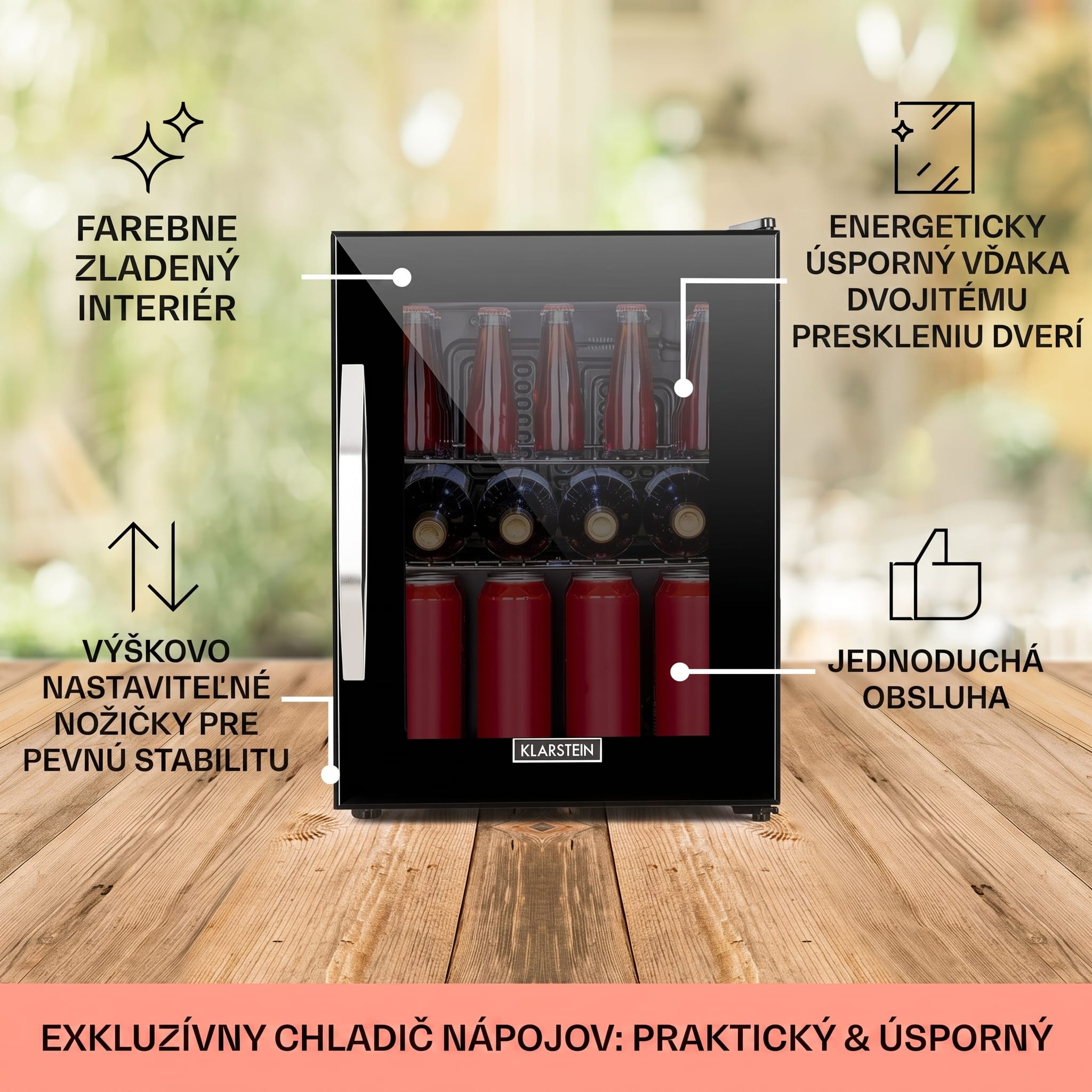 Klarstein Beersafe M Onyx, chladnička, energet. trieda C, LED, 2 kovové police, sklenené dvierka – Obrázok 4