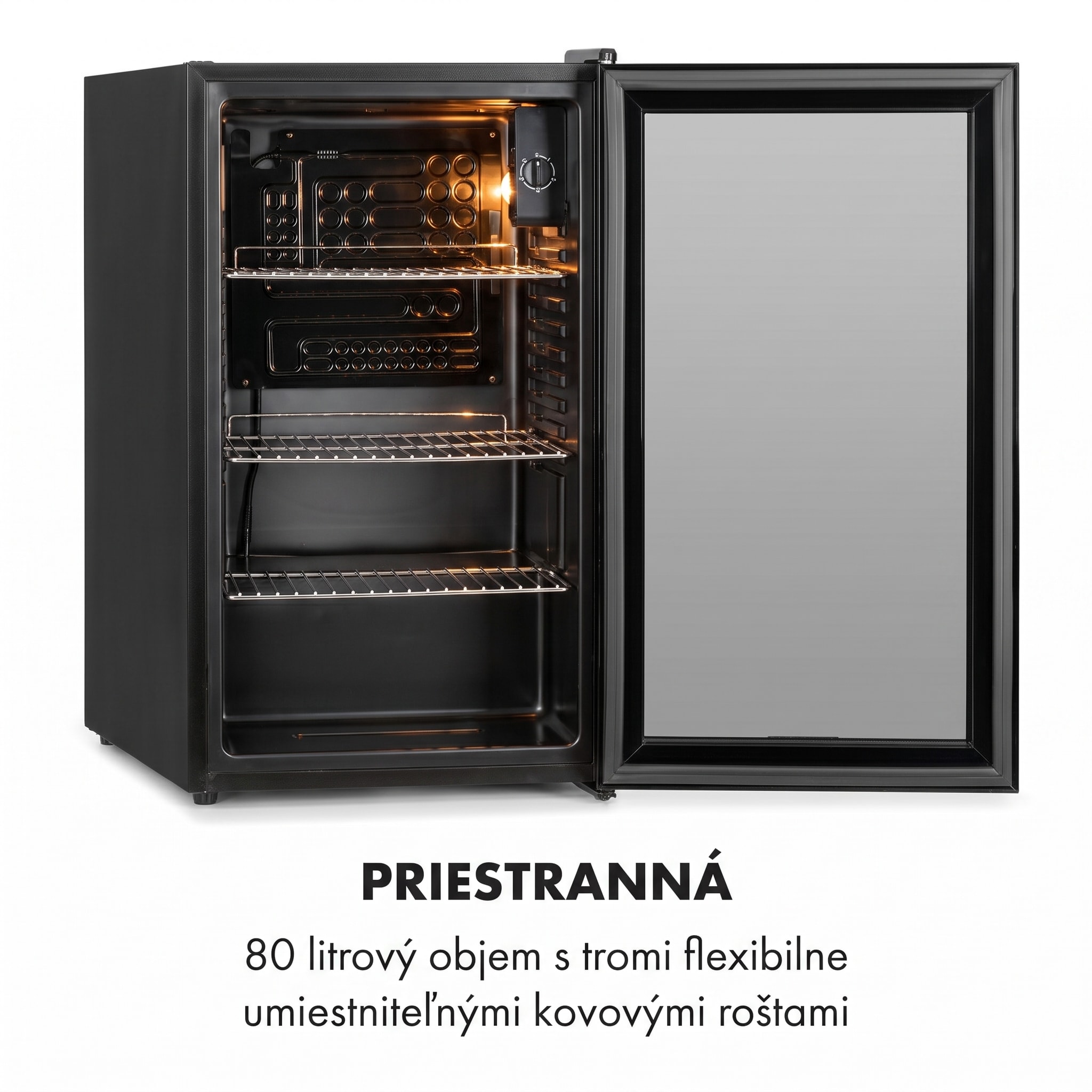 Klarstein Beersafe XXL Onyx, chladnička, energet. trieda E, 3 kovové police, panoramatické sklenené dvierka – Obrázok 2