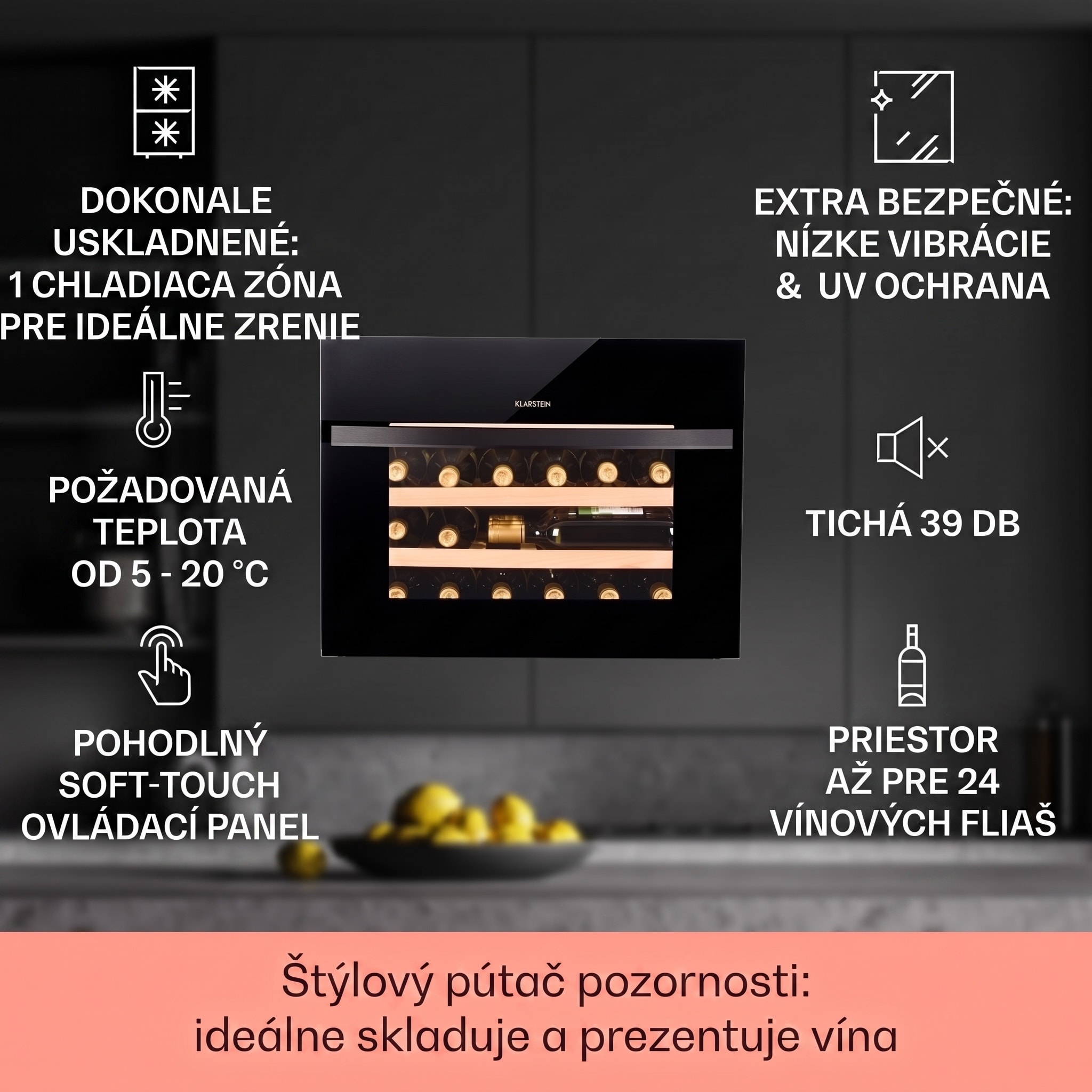 Klarstein Vinsider 24 Built-In Uno, vinotéka, 24 fliaš, energet. trieda G, 1 zóna
