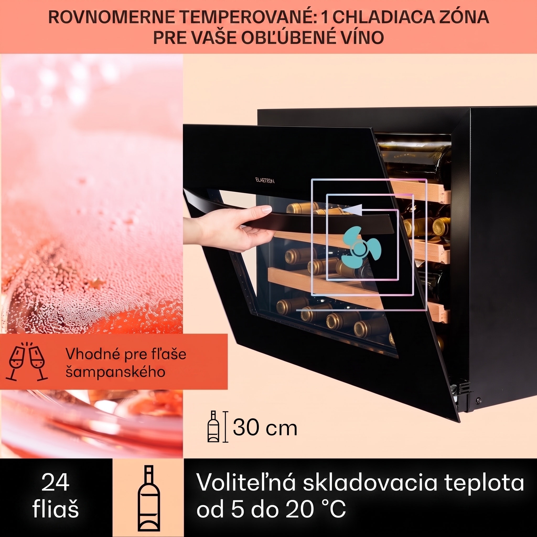 Klarstein Vinsider 24 Built-In Uno, vinotéka, 24 fliaš, energet. trieda G, 1 zóna – Obrázok 2