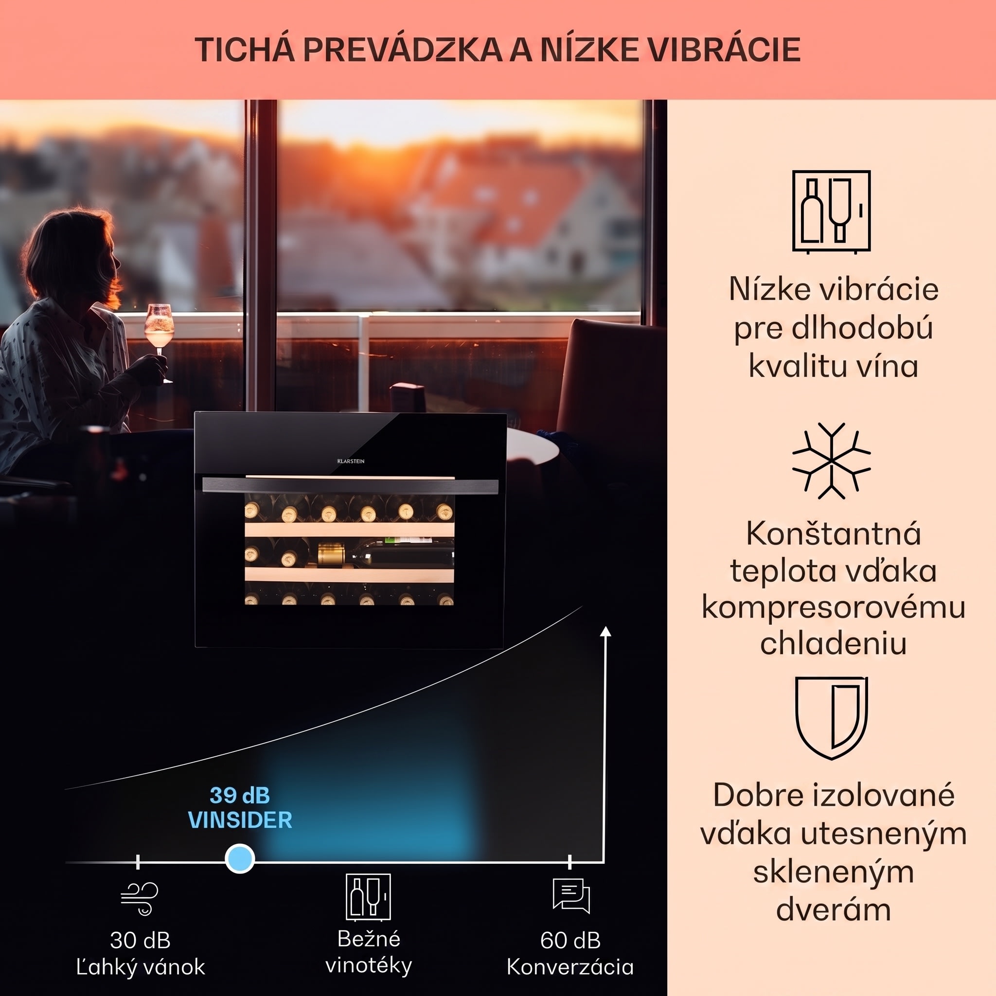 Klarstein Vinsider 24 Built-In Uno, vinotéka, 24 fliaš, energet. trieda G, 1 zóna – Obrázok 3