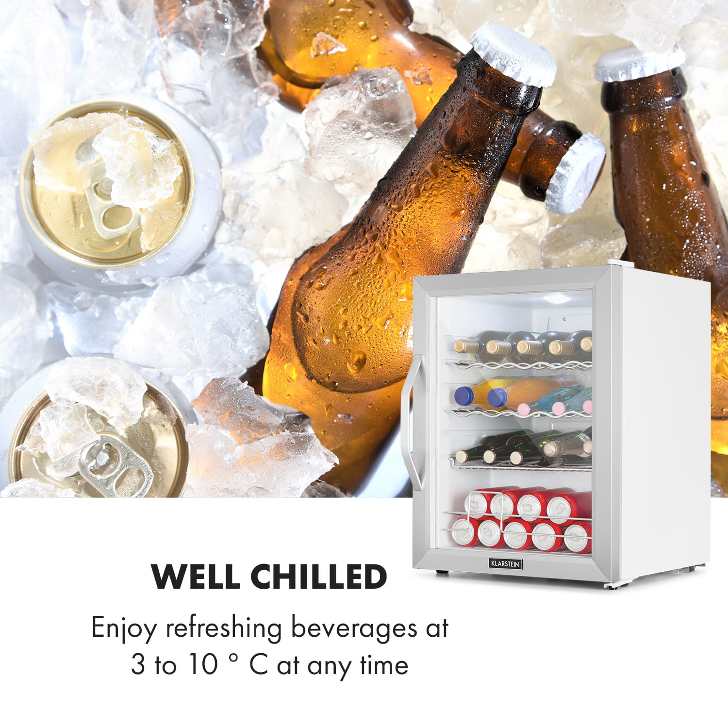 Klarstein Beersafe XL Crystal White, chladnička, energet. trieda D, 60 l, LED, sklenené dvierka, biela/strieborná – Obrázok 4