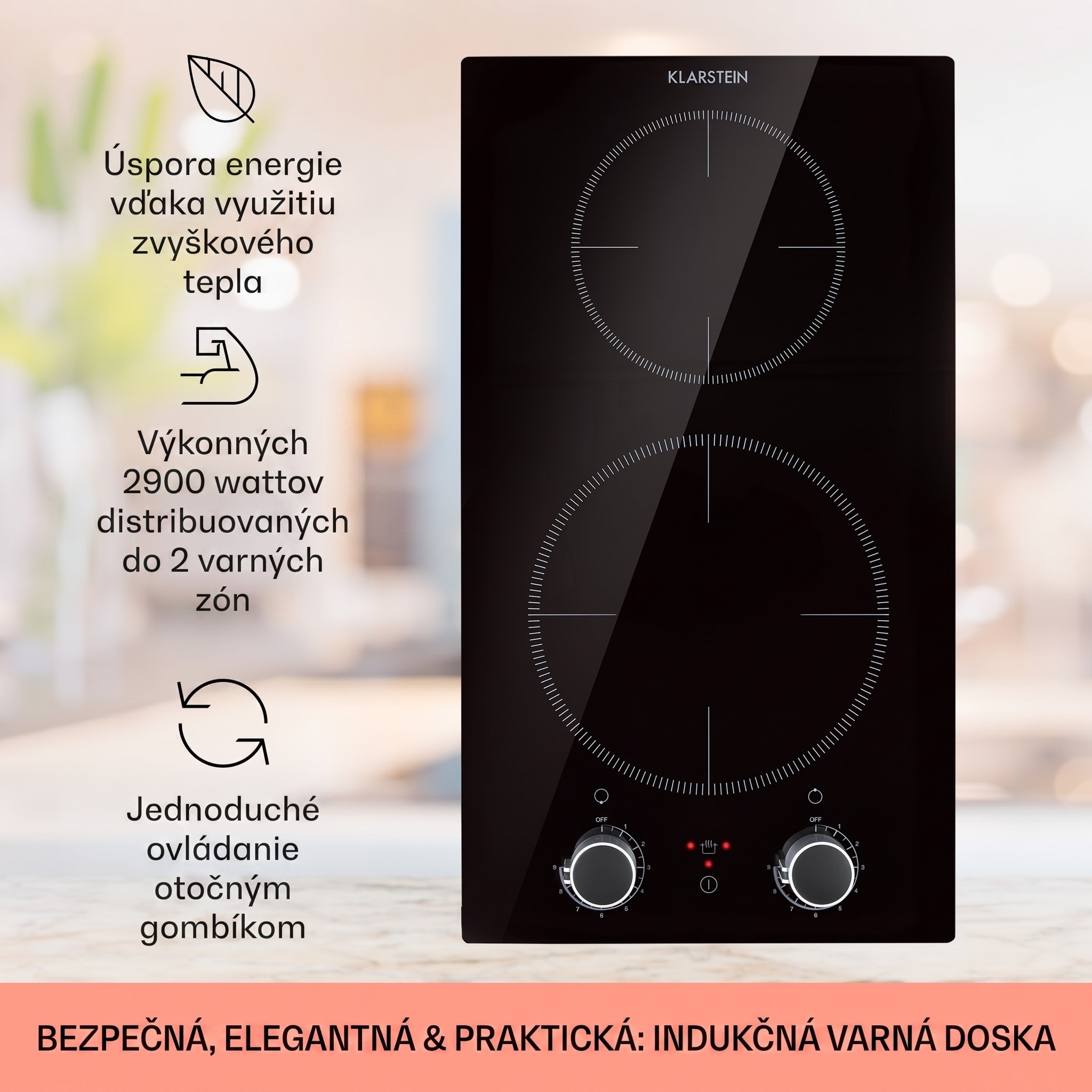 Klarstein Kochheld, indukčná varná doska, 2900 W, 2 zóny, otočné regulátory, sklo, čierna