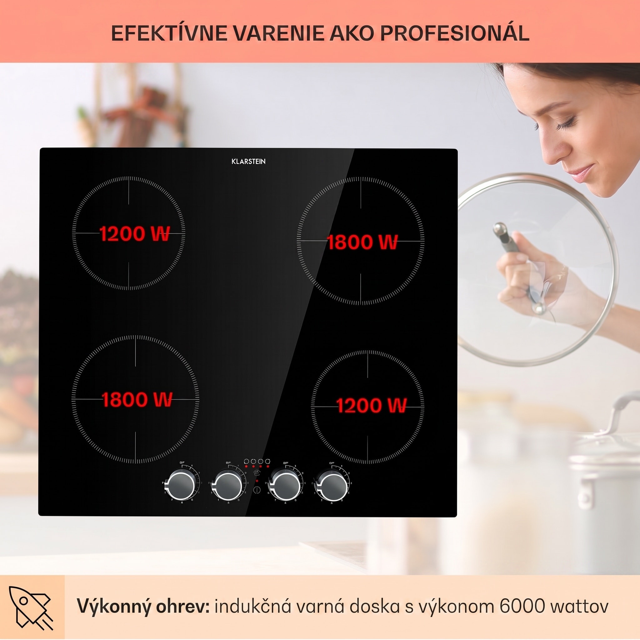 Klarstein Kochheld, indukčná varná doska, 6000 W, 4 zóny, otočné regulátory, sklo, čierna – Obrázok 2