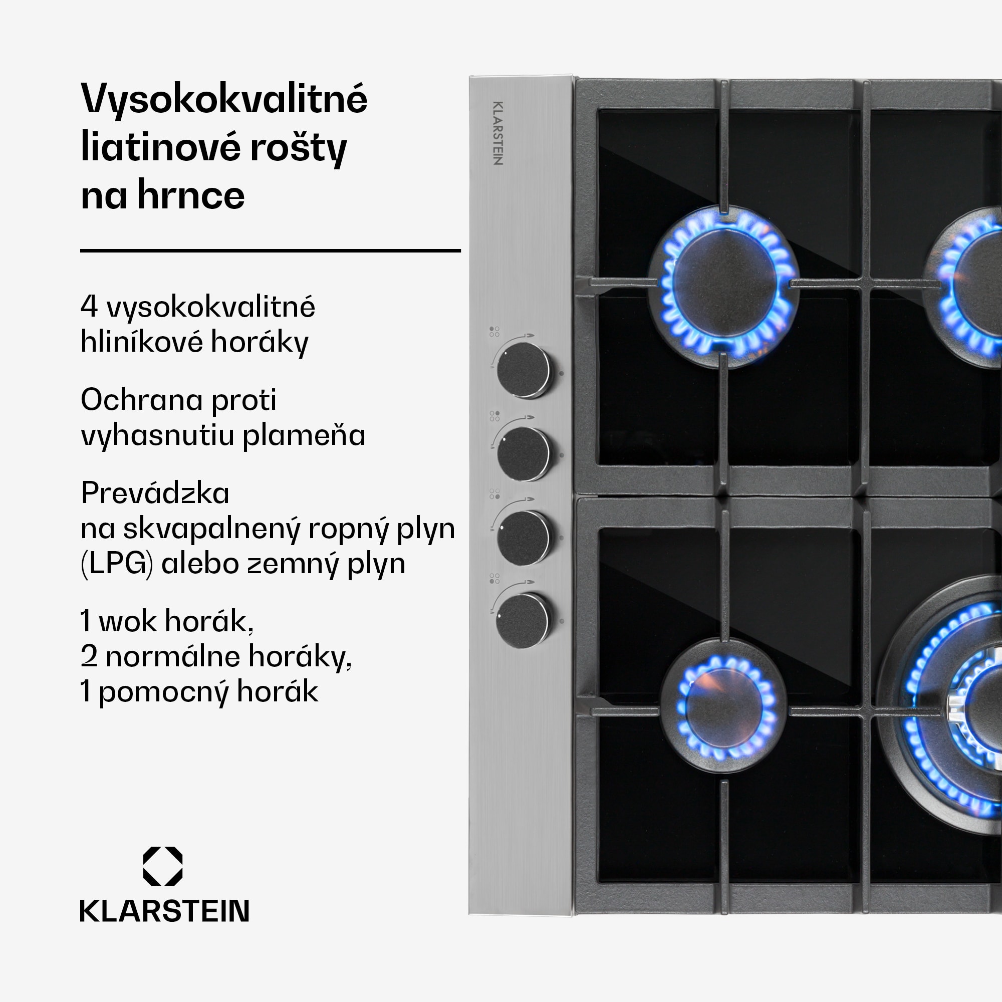 Klarstein Alchemist 4-zónová plynová varná doska s hliníkovými horákmi, čierna sklokeramika – Obrázok 2