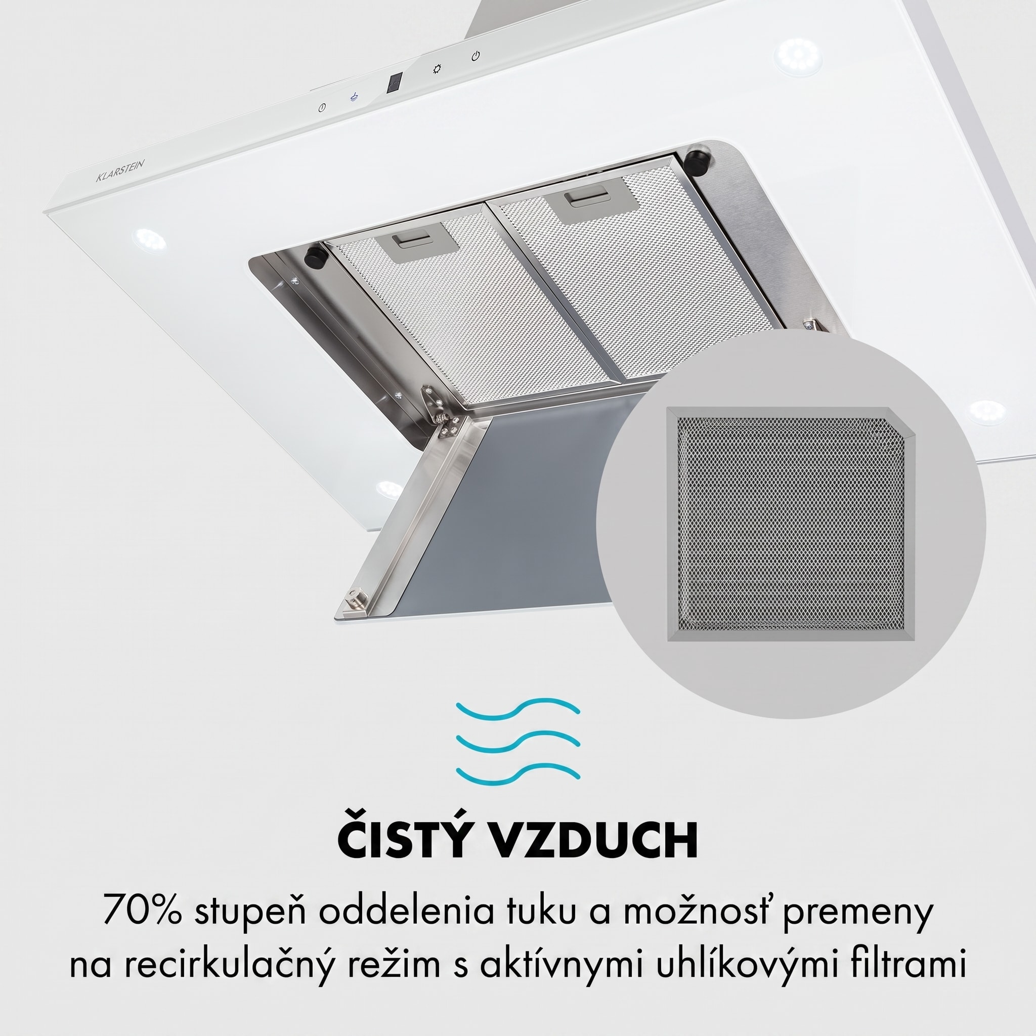 Klarstein Valeria, digestor, 90 cm, ostrovčekový, 642 m³/h, dotykový panel, LED, sklo, nehrdzavejúca oceľ, biely – Obrázok 3