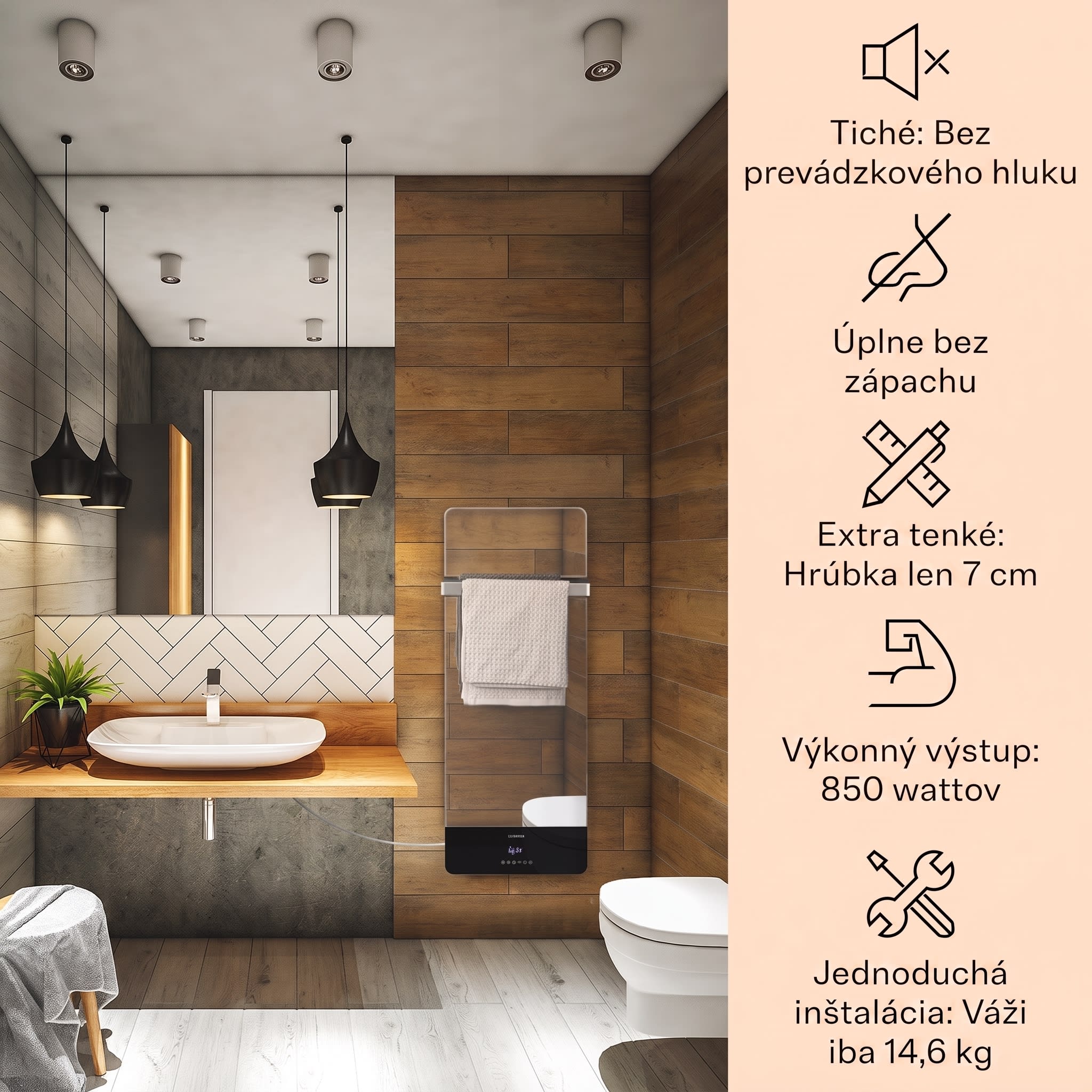 Klarstein Hot Spot Crystal Reflect Smart, infračervený ohrievač, 850 W, aplikácia, časovač, zrkadlo