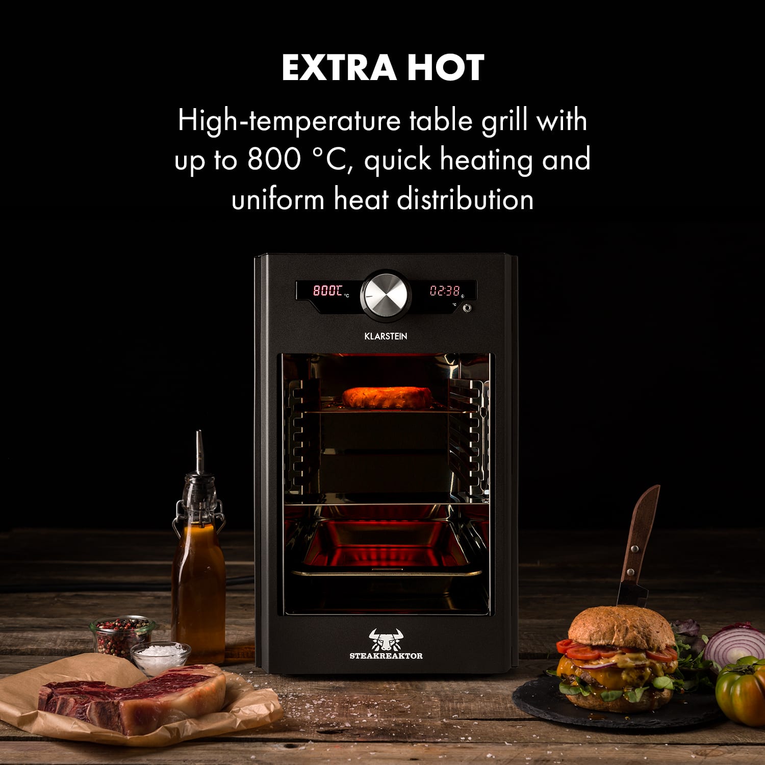 Klarstein Steakreaktor Core, vysokoteplotný gril, 2100 W, 800 °C, zapichovací teplomer