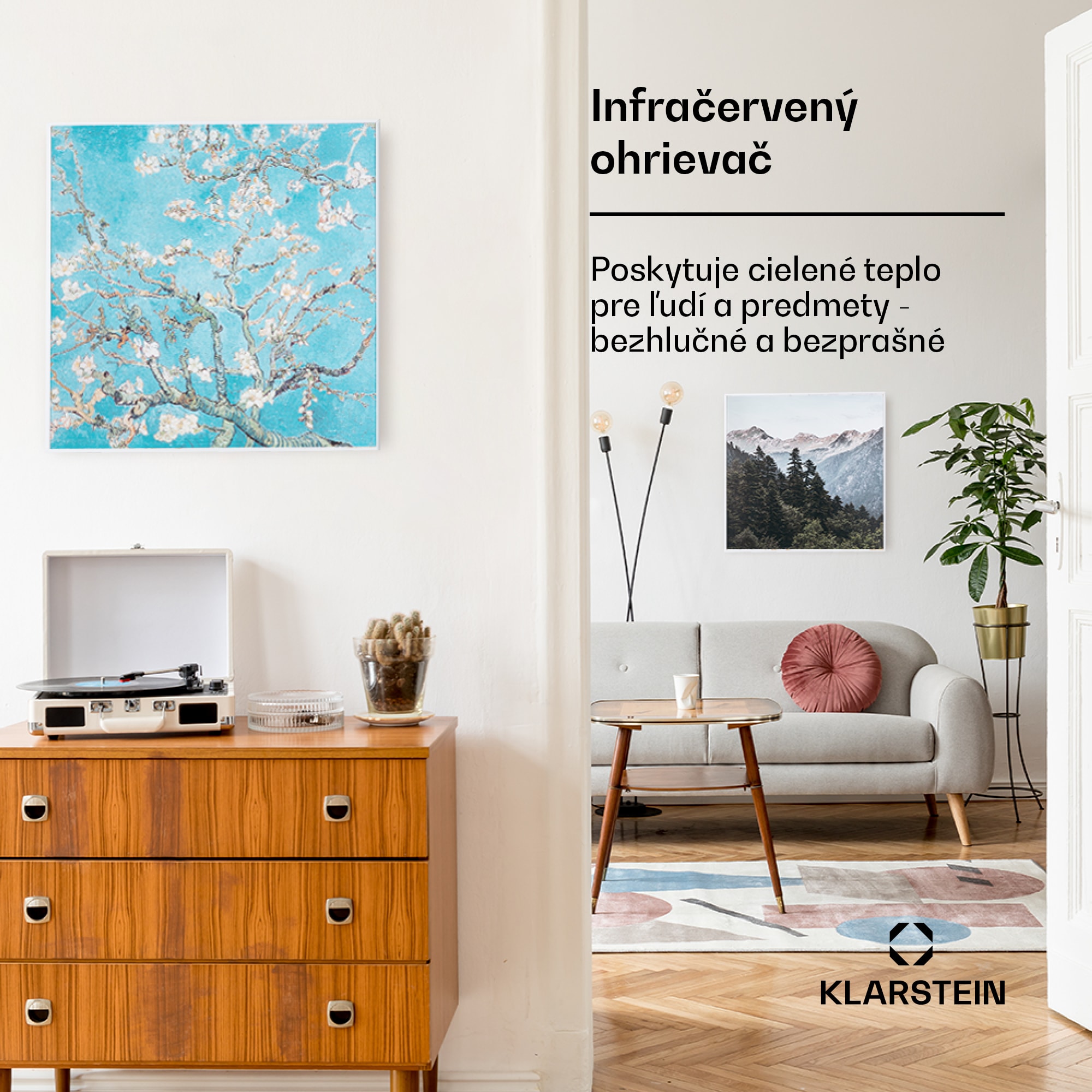 Klarstein Wonderwall Air Art Smart, infračervený ohrievač, 60 x 60 cm, 350 W, aplikácia, mandľový kvet – Obrázok 3