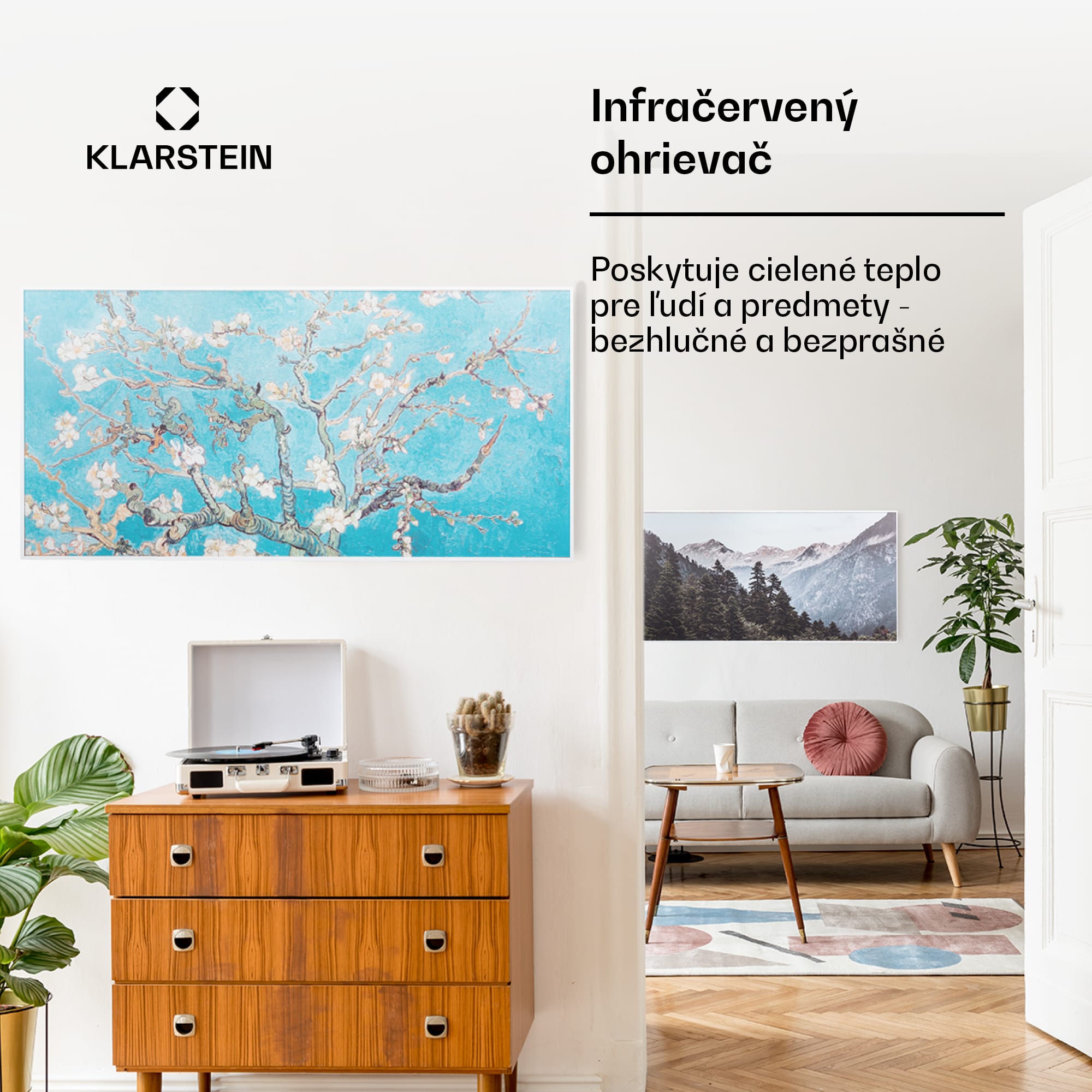 Klarstein Wonderwall Air Art Smart, infračervený ohrievač, 120 x 60 cm, 700 W, aplikácia, mandľový kvet – Obrázok 3