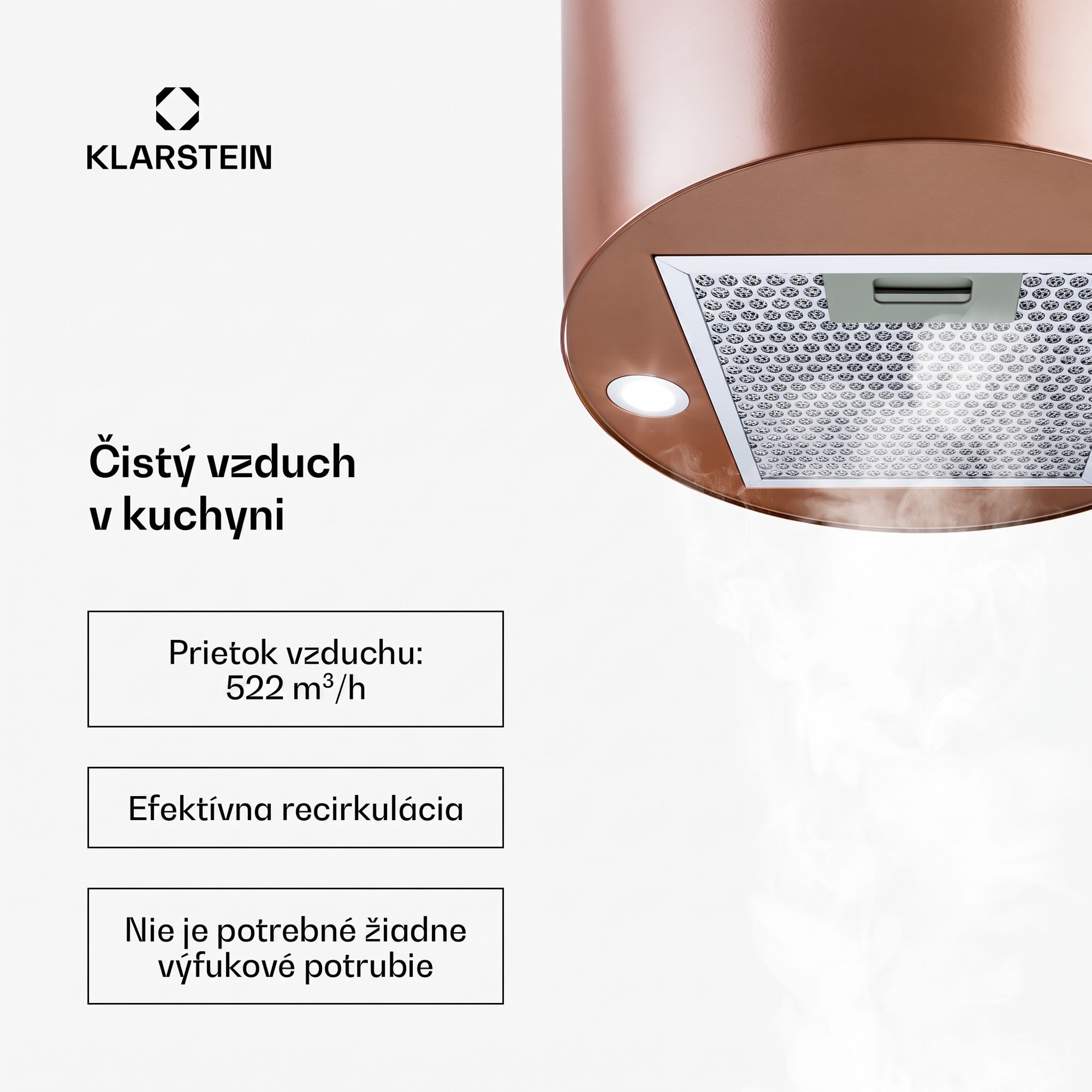 Klarstein Odsávač pár Barett v ostrovnom vyhotovení, Ø35 cm, recirkulačný režim, 522 m³/h, LED osvetlenie, filter s aktívnym uhlím – Obrázok 2