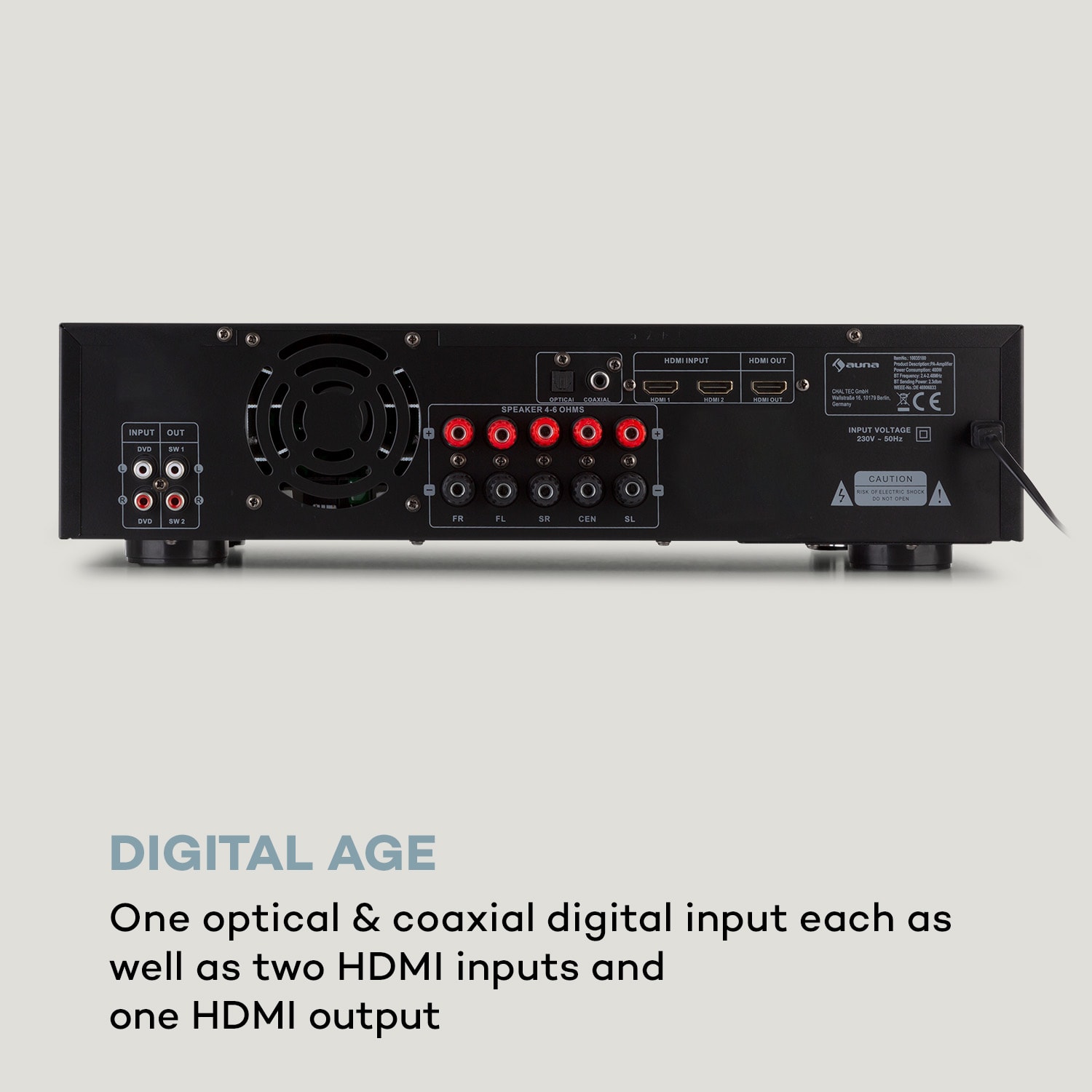 Auna AMP-H260, zosilňovač, 2 x 100 W + 3 x 20 W RMS, BT, opt./koax. digitálny vstup, čierny – Obrázok 4