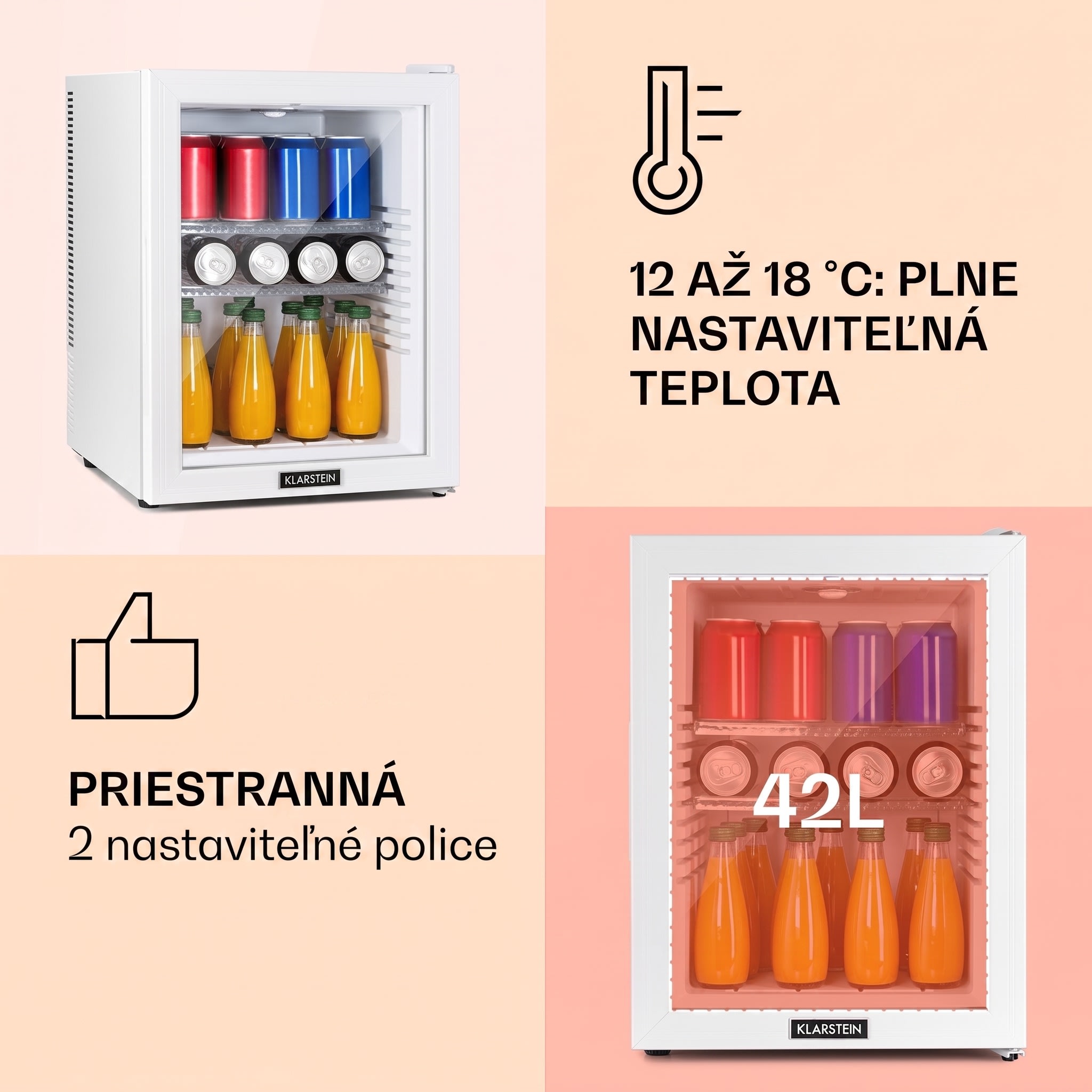 Klarstein Brooklyn 42, mini chladnička, sklenené dvere, LED osvetlenie, police – Obrázok 3