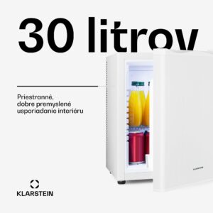 Klarstein Happy Hour 30, minibar, 30 l, 5-15°C, energet. trieda G, tichý, 25 dB, LED svetlo, biely