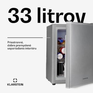 Klarstein Happy Hour 33, minibar, 33 l, 5-15°C, energet. trieda G, tichý, 25 dB, LED svetlo, strieborný