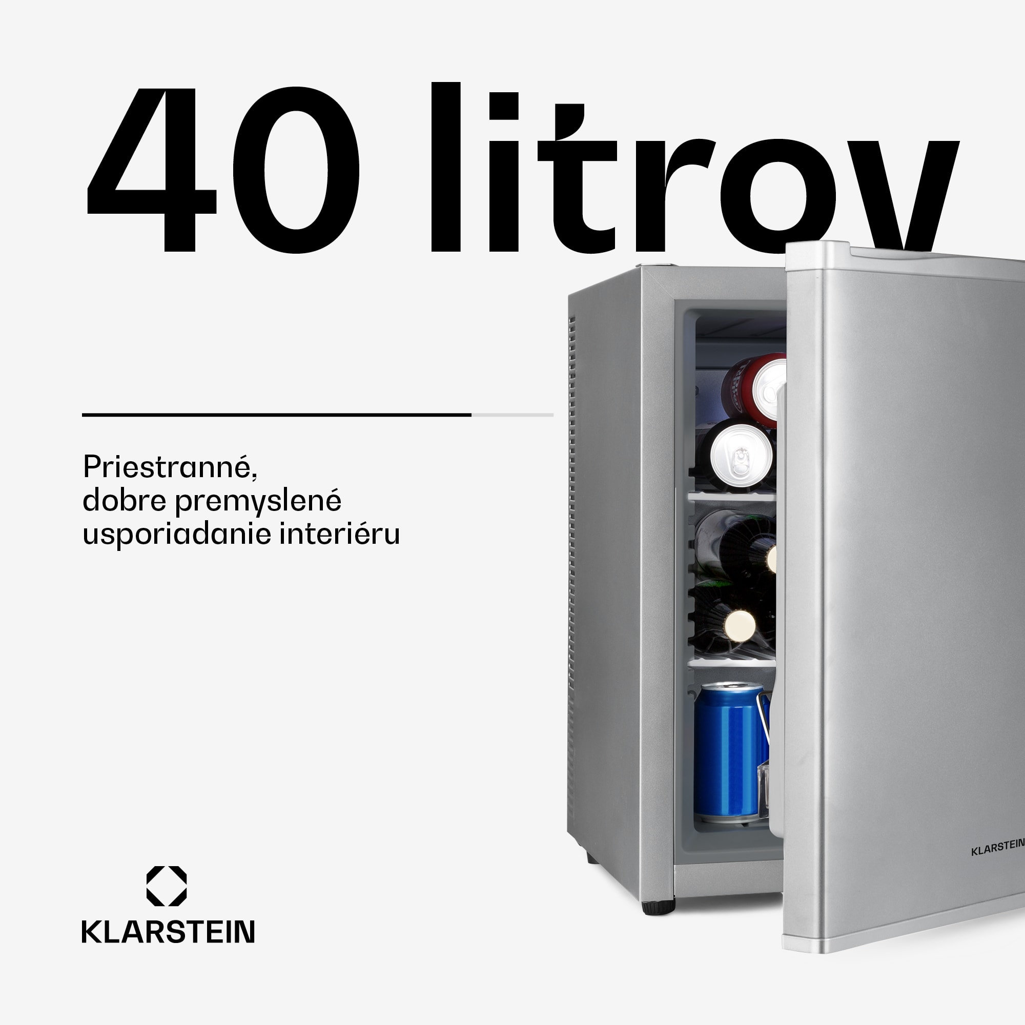 Klarstein Happy Hour 40, mini chladnička, 40 l, 5-15°C, tichá, 23dB, LED-svetlo, strieborný