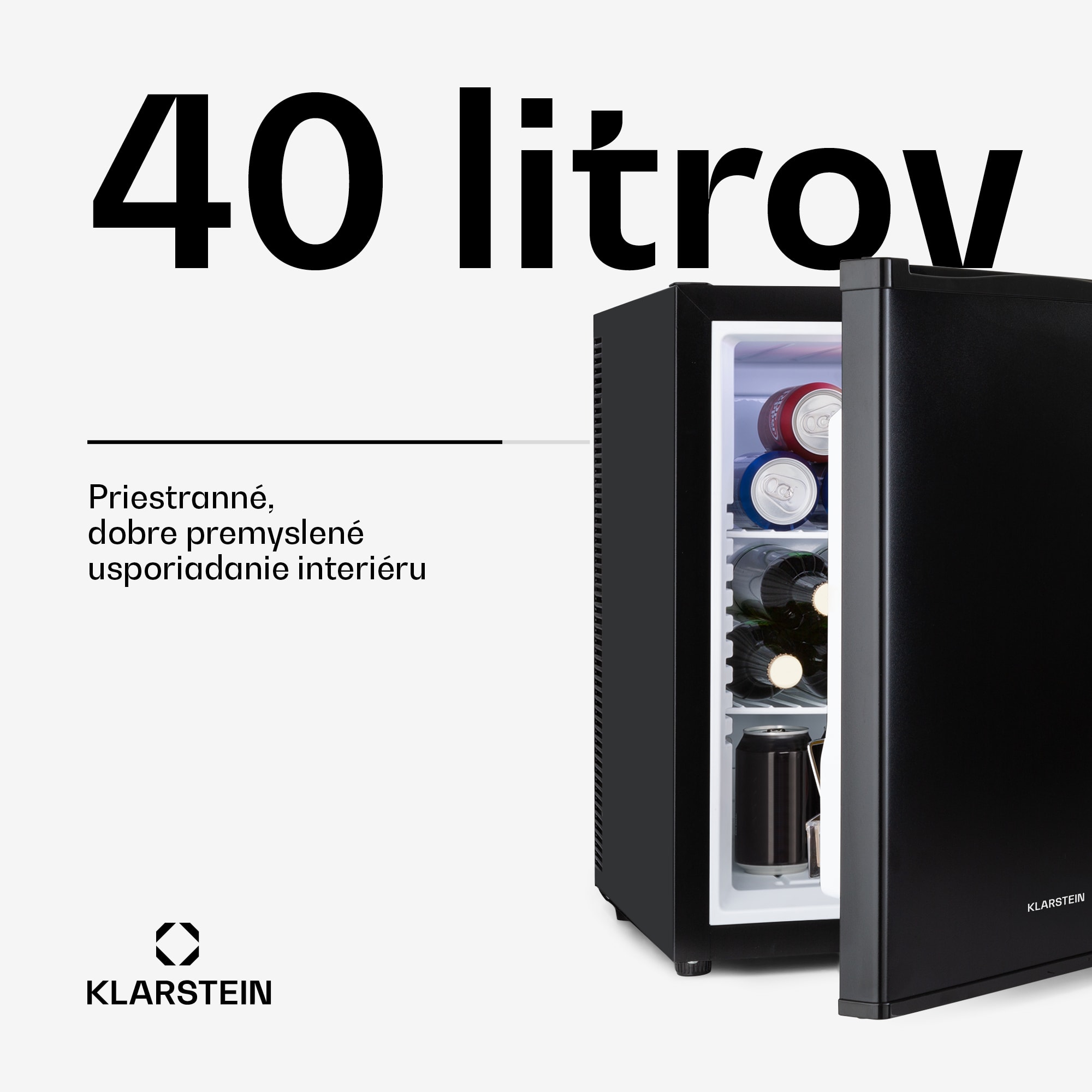 Klarstein Happy Hour 40, mini chladnička, 40 l, 5-15°C, tichá, 23dB, LED-svetlo, čierny
