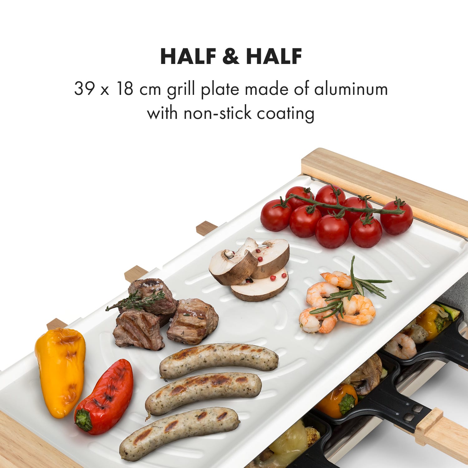 Klarstein Chateaubriand Nuovo, raclette, 1200 W, hliník, 8 osôb, drevený dekor – Obrázok 2
