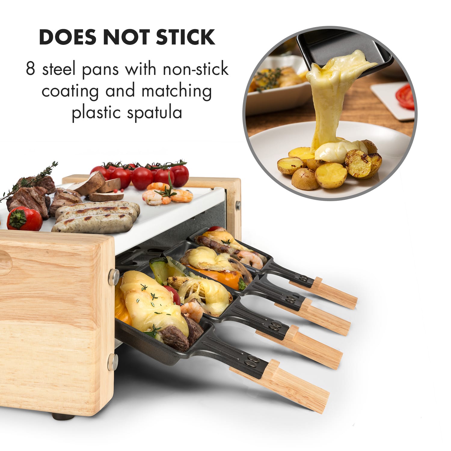 Klarstein Chateaubriand Nuovo, raclette, 1200 W, hliník, 8 osôb, drevený dekor – Obrázok 3