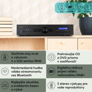 Auna AMP-CD608 DAB, HiFi stereo zosilňovač, 4 x 100 W, RMS, DAB+ BT, optický vstup, diaľkový ovládač