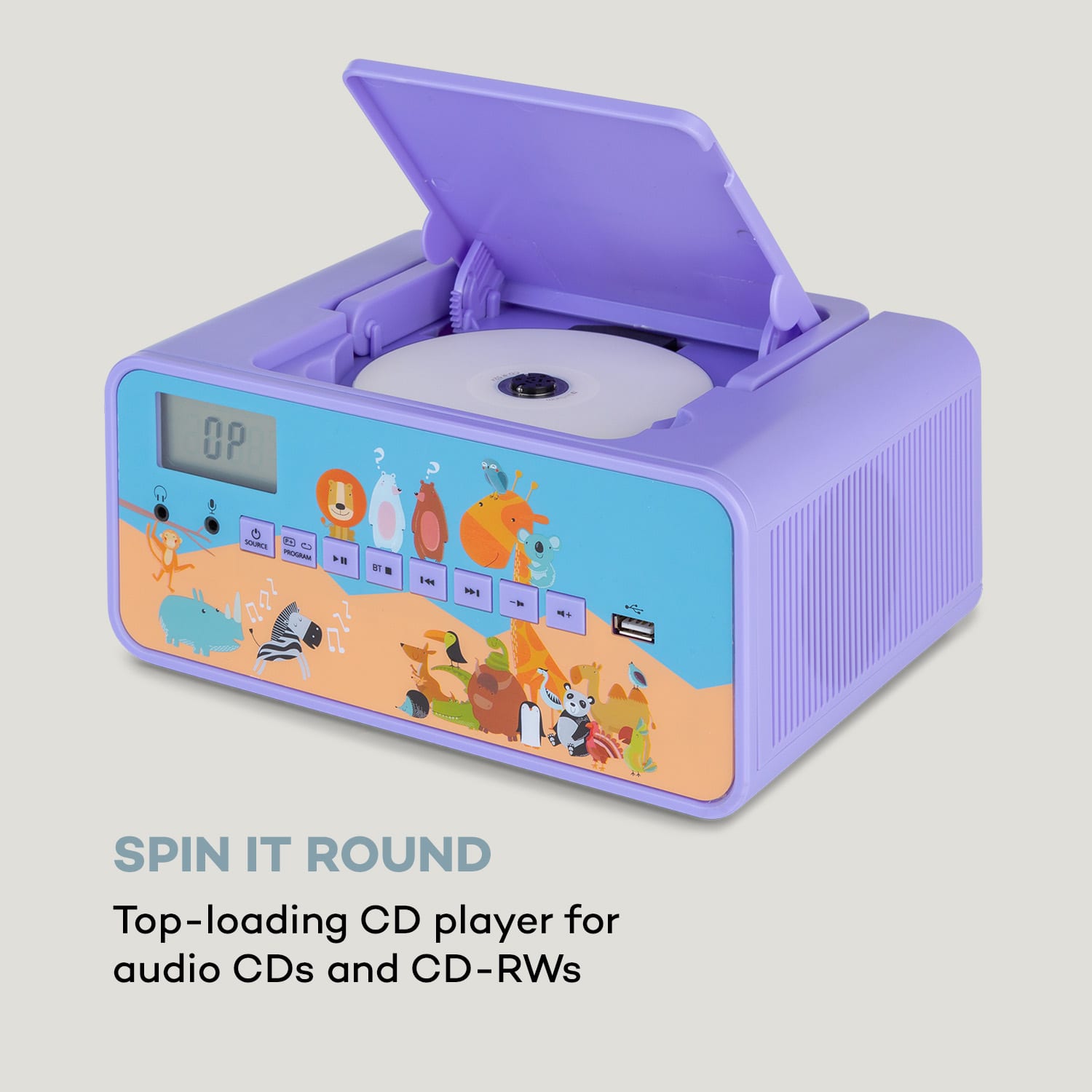 Auna Kidsbox Zoo, CD boombox, CD prehrávač, BT, USB, LC displej, zvieratá, fialový – Obrázok 2