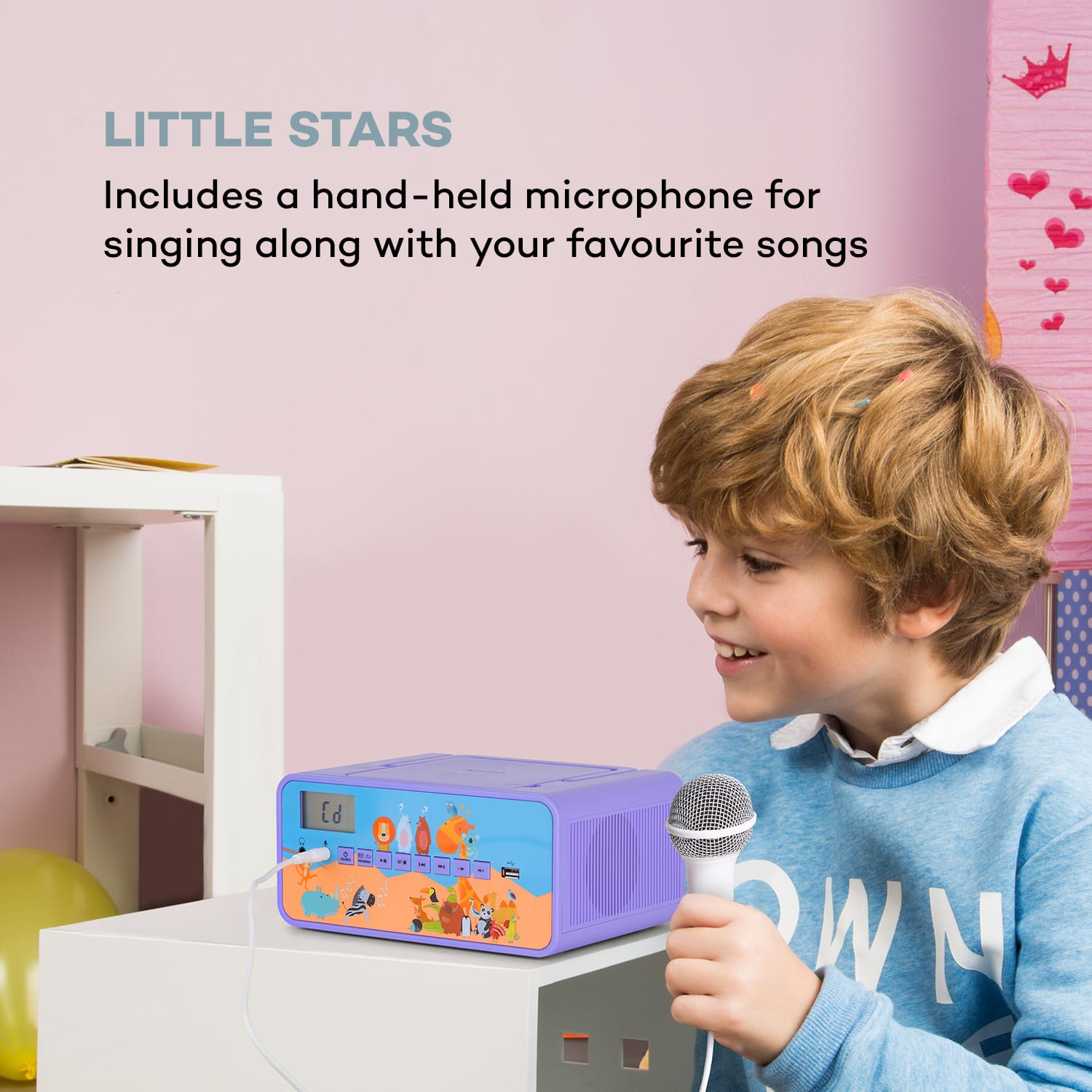 Auna Kidsbox Zoo, CD boombox, CD prehrávač, BT, USB, LC displej, zvieratá, fialový – Obrázok 4