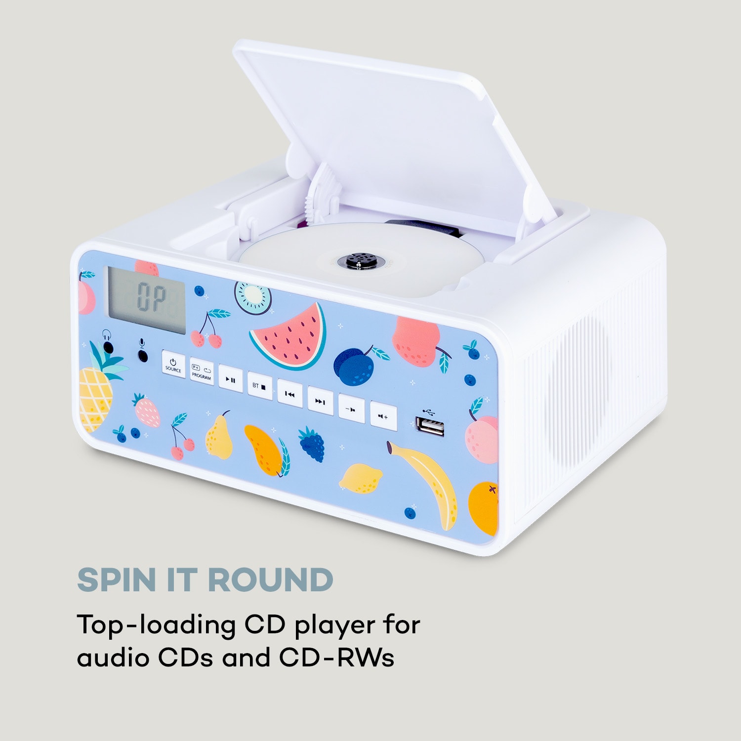 Auna Kidsbox Fruits, CD boombox, CD prehrávač, BT, USB, LC displej, ovocie, biely – Obrázok 2