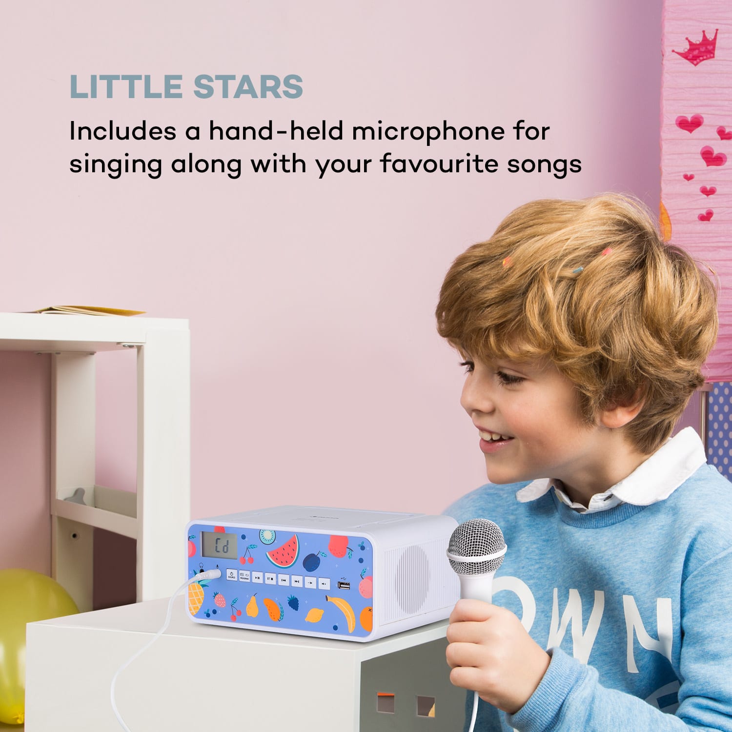 Auna Kidsbox Fruits, CD boombox, CD prehrávač, BT, USB, LC displej, ovocie, biely – Obrázok 4