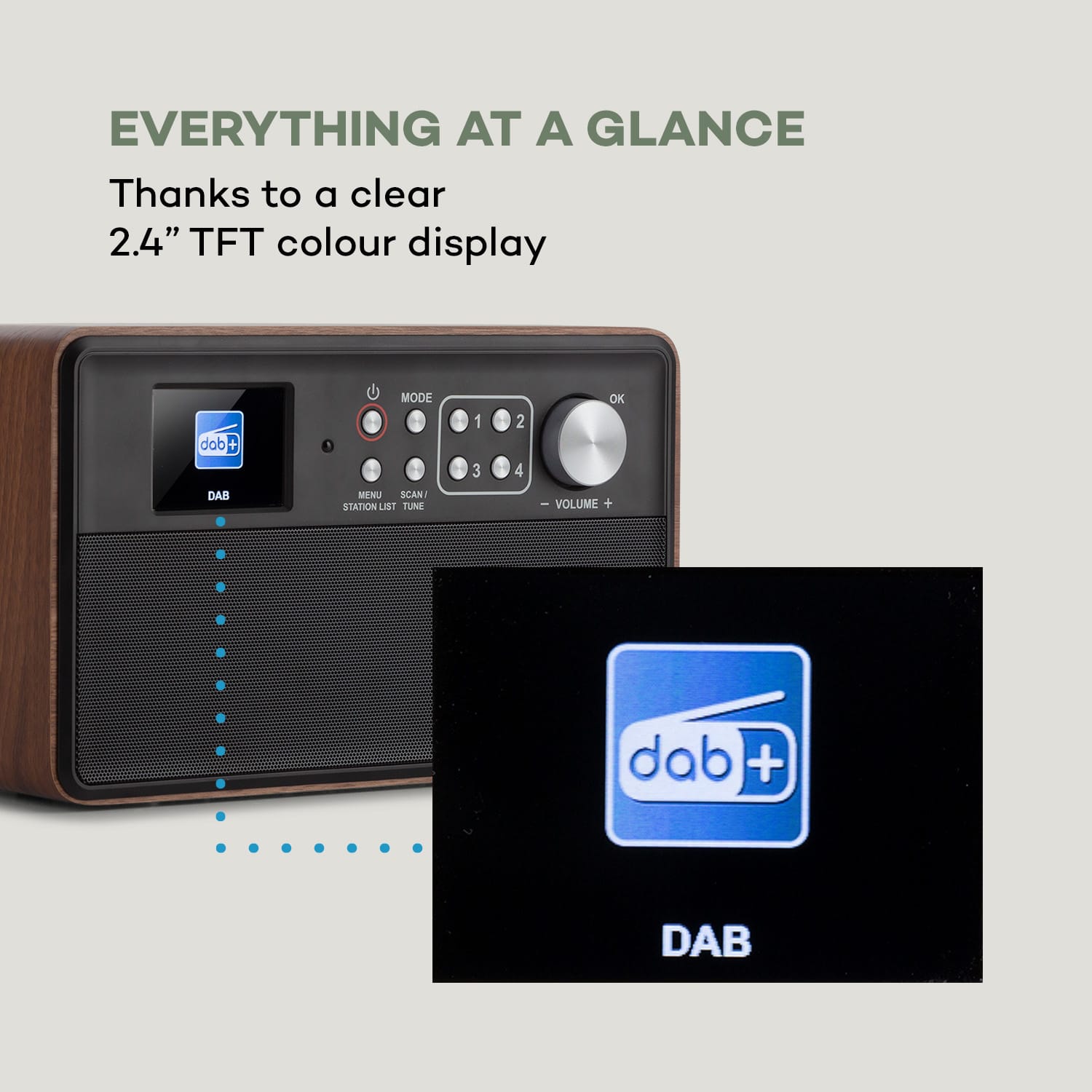 Auna Nestor, DAB+ rádio, DAB+/FM, 2 prevádzkové režimy, 2,4" TFT farebný displej, hnedé – Obrázok 4
