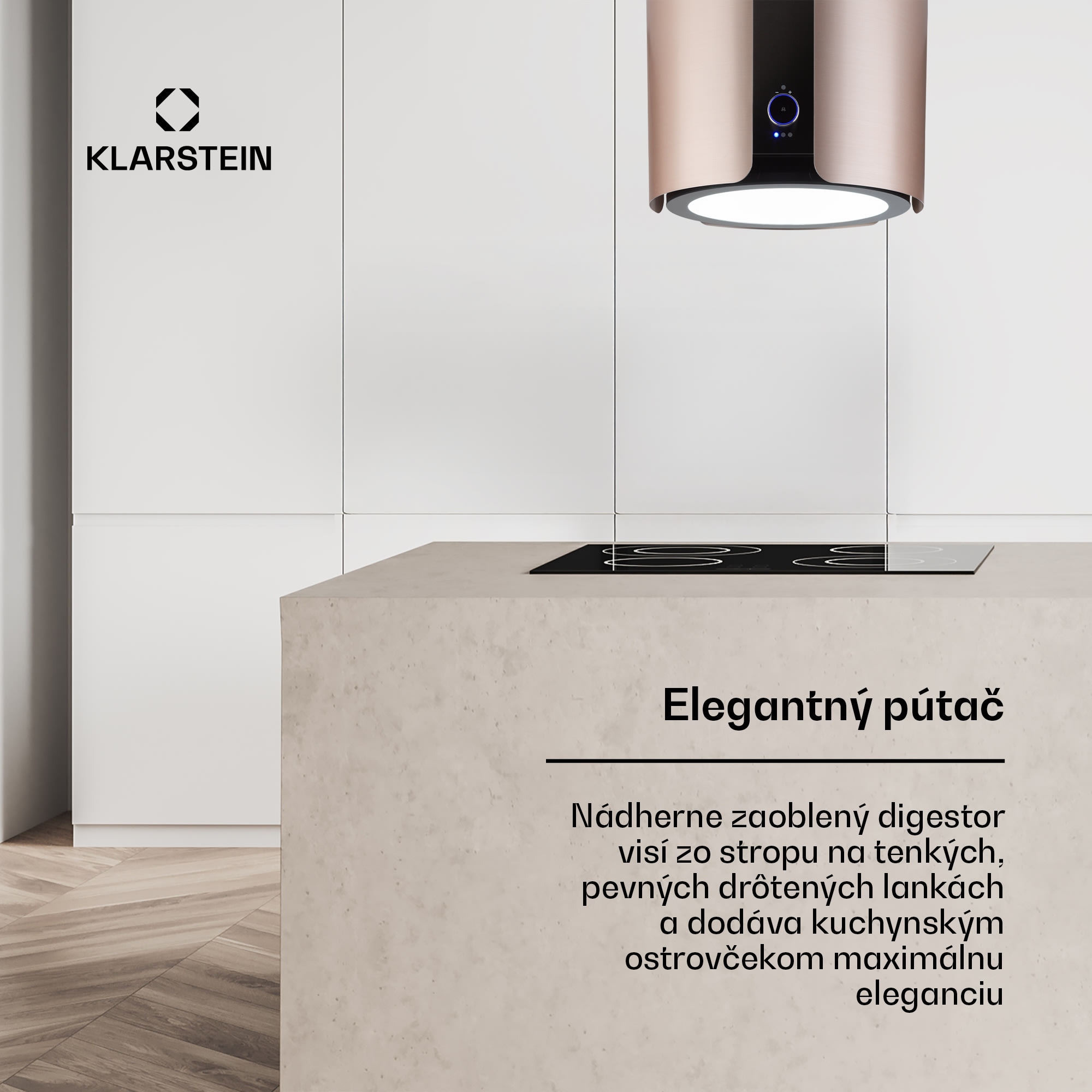 Klarstein Skyfall, digestor, 45 cm, ostrovčekový, 413 m³/h, LED, nehrdzavejúca oceľ, zlatý