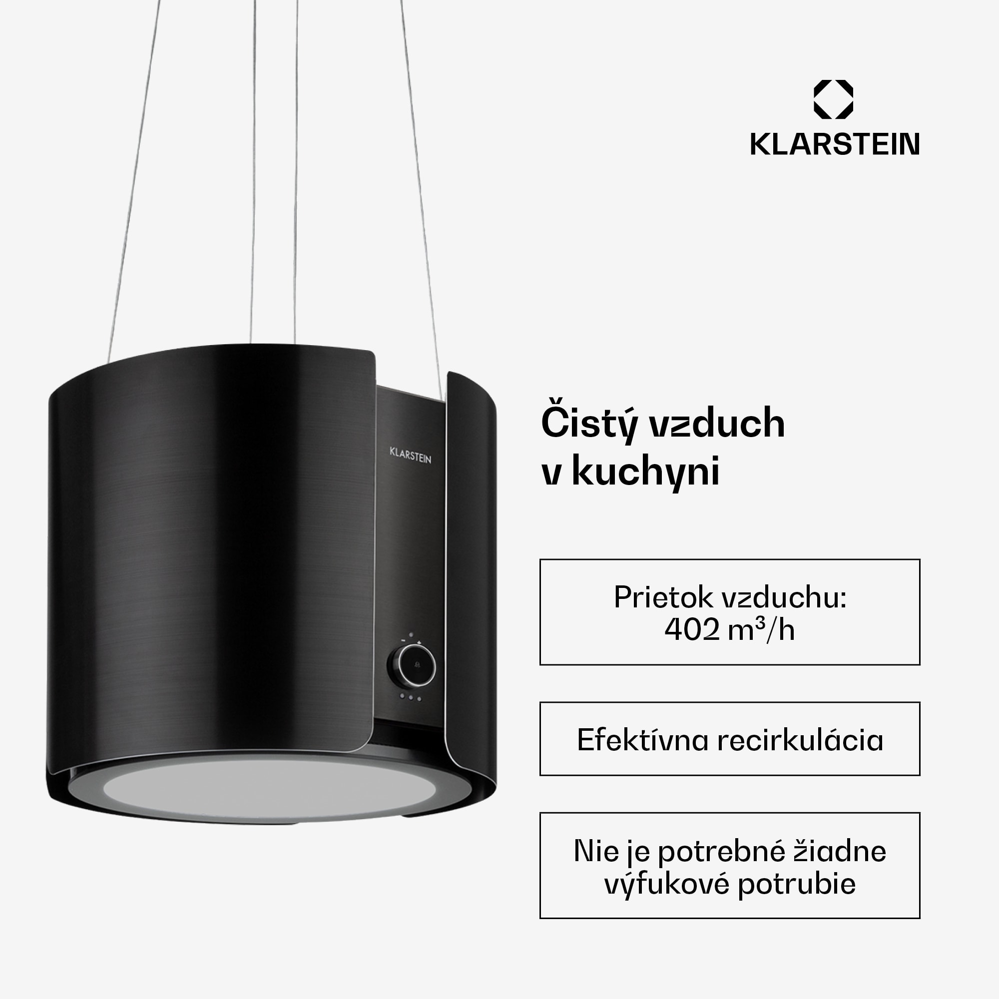 Klarstein Skyfall, digestor, 45 cm, ostrovčekový, 413 m³/h, LED, nehrdzavejúca oceľ, čierny – Obrázok 2