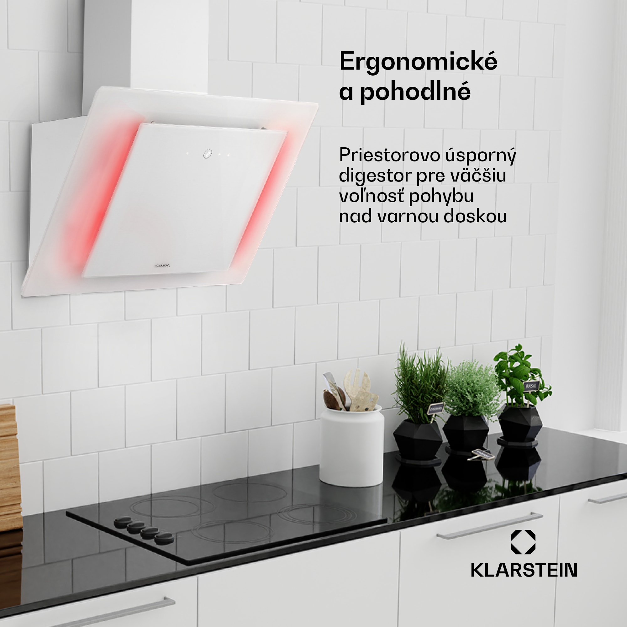 Klarstein Eleonora 60, digestor, 60 cm, nastenný, 424 m³/h, dotykový panel, LED, A++, biely