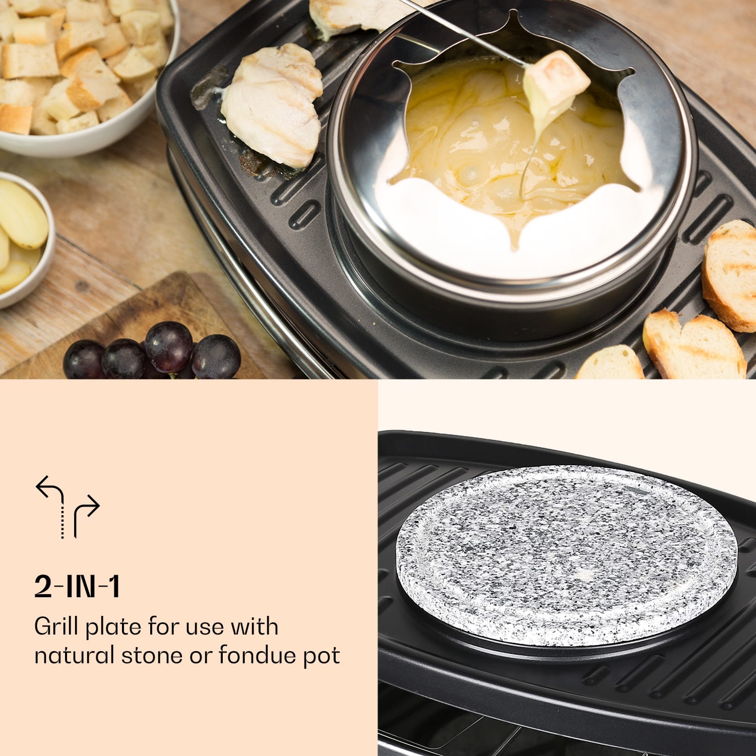 Klarstein Entrecote, raclette gril s fondue 2 v 1, 1100 W, prírodný kameň, pre 8 osôb, podložky – Obrázok 2