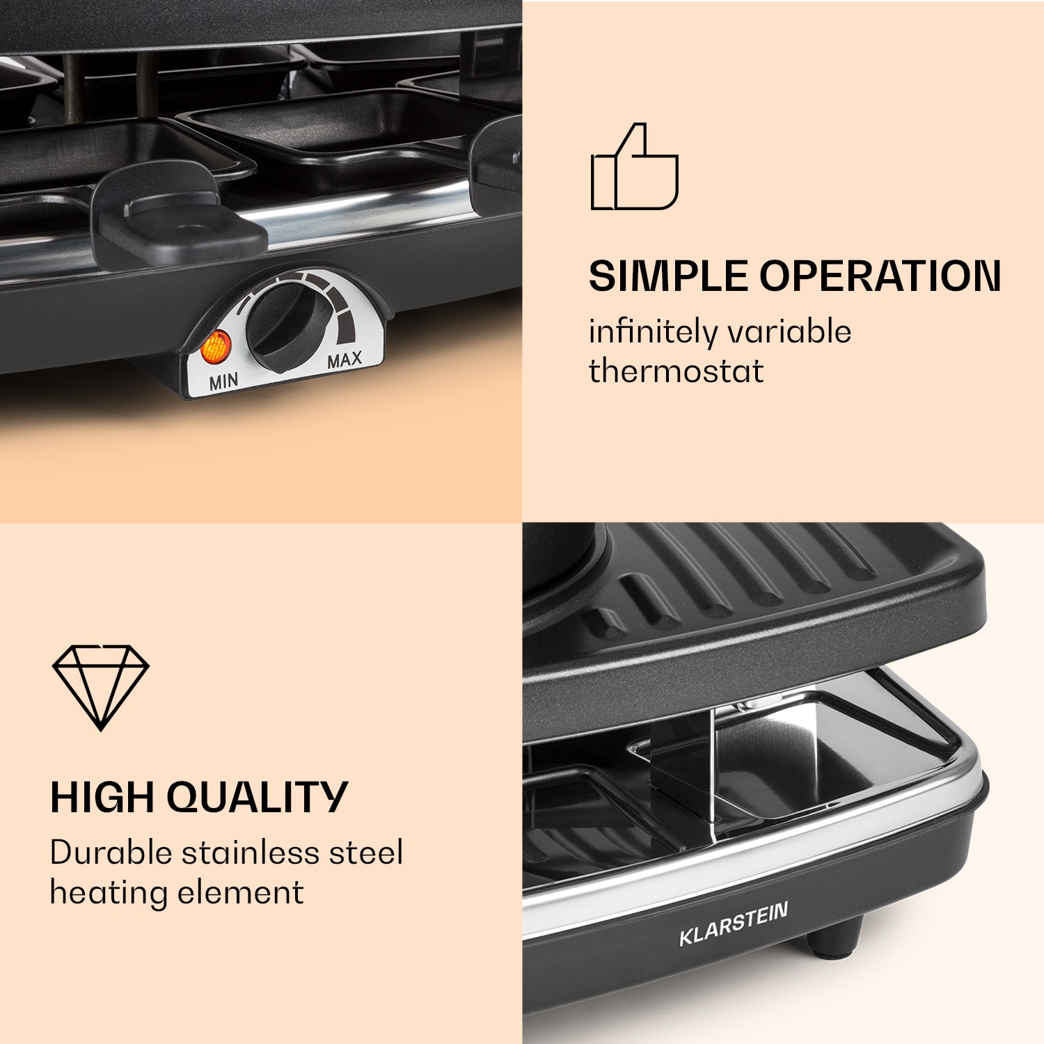 Klarstein Entrecote, raclette gril s fondue 2 v 1, 1100 W, prírodný kameň, pre 8 osôb, podložky – Obrázok 3